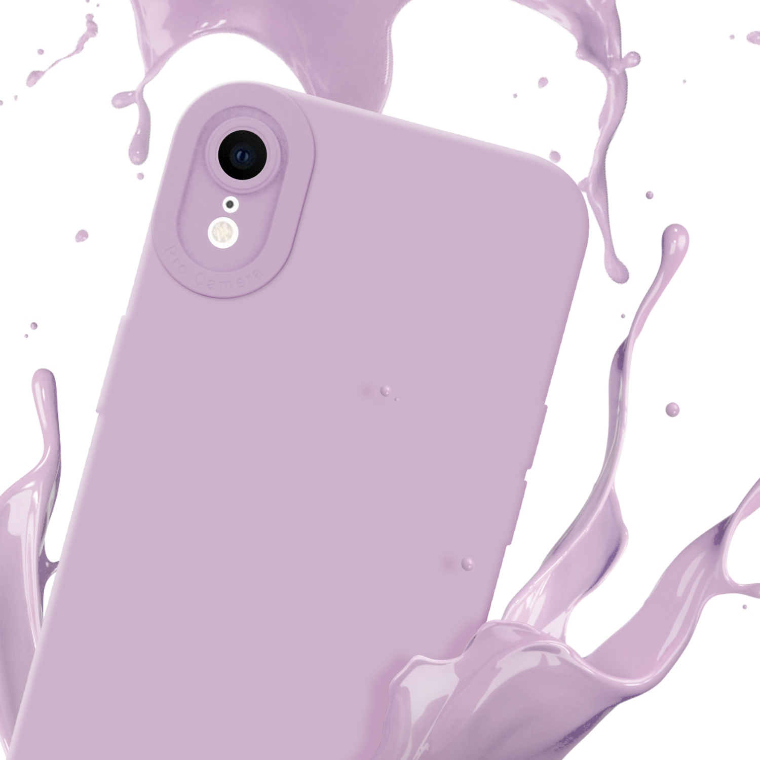 Custodia viola con una singola fotocamera. Schizzo di vernice viola sullo sfondo.