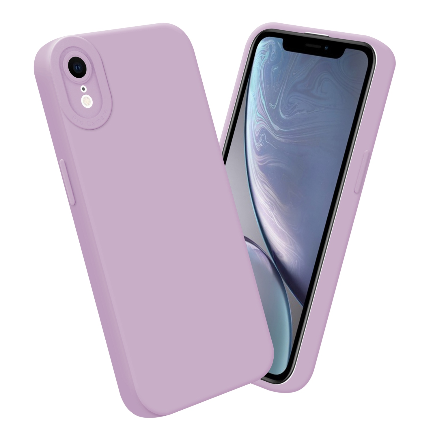 Telefono e custodia viola. Il telefono è all'interno della custodia. Sfondo bianco.