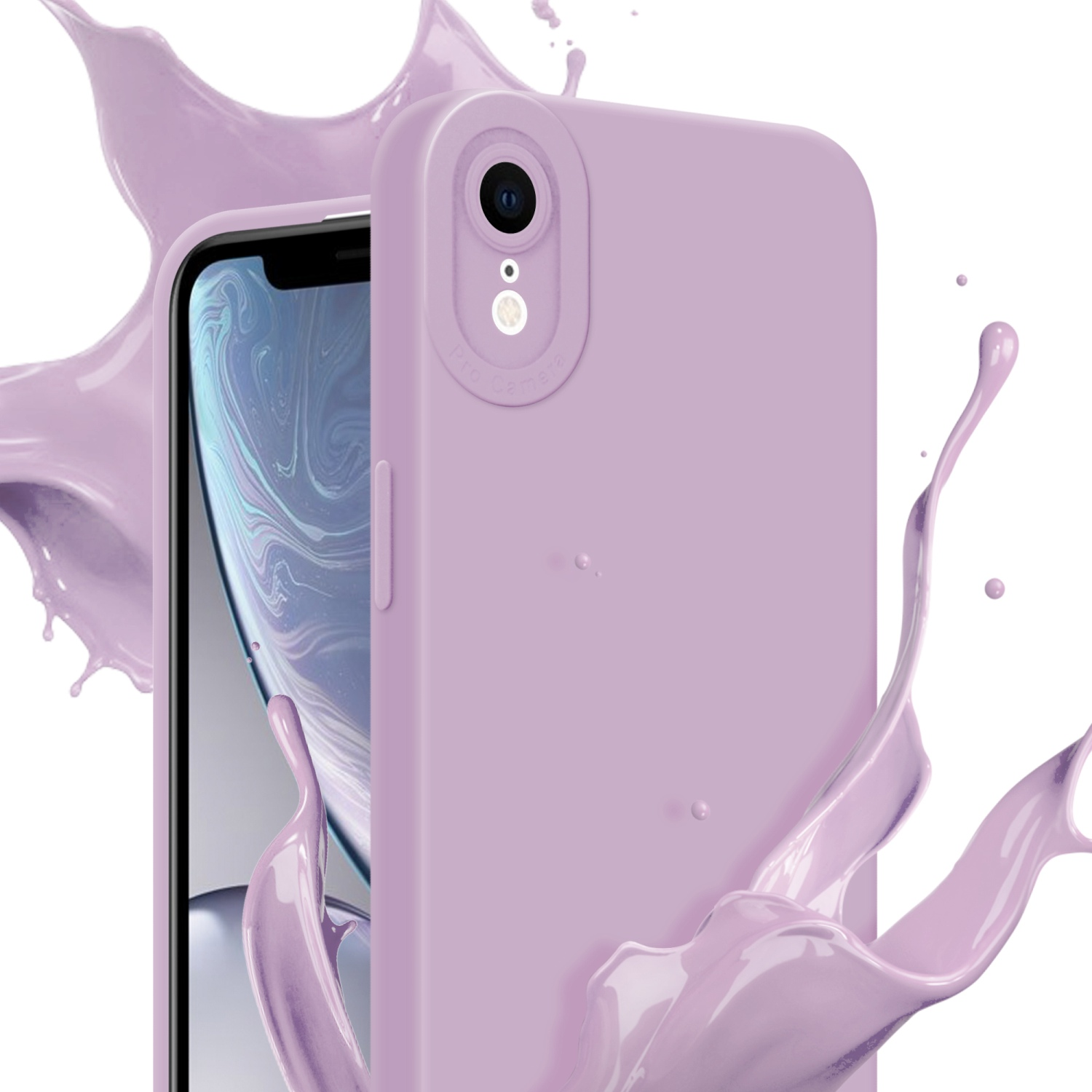 Custodia lilla con una singola fotocamera, spruzzo di vernice e telefono con schermo sullo sfondo.