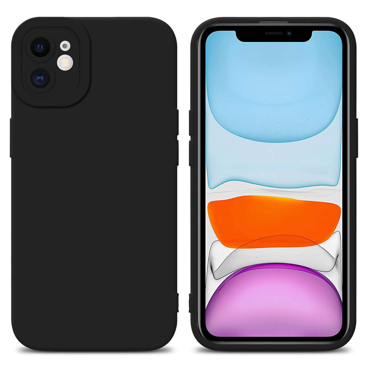 Custodia nera con telefono, sfondo nero.