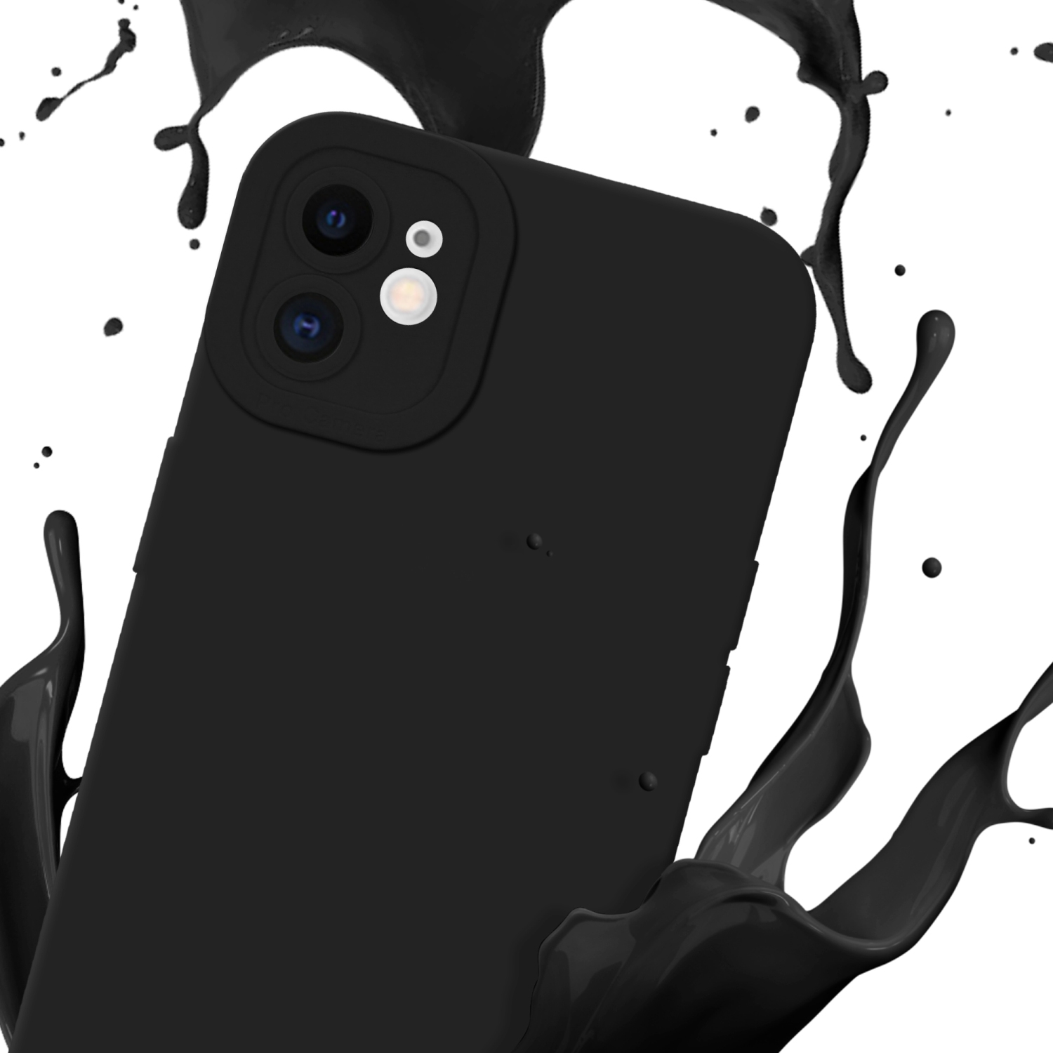 Custodia per telefono nera con spruzzo di vernice nera su sfondo bianco.