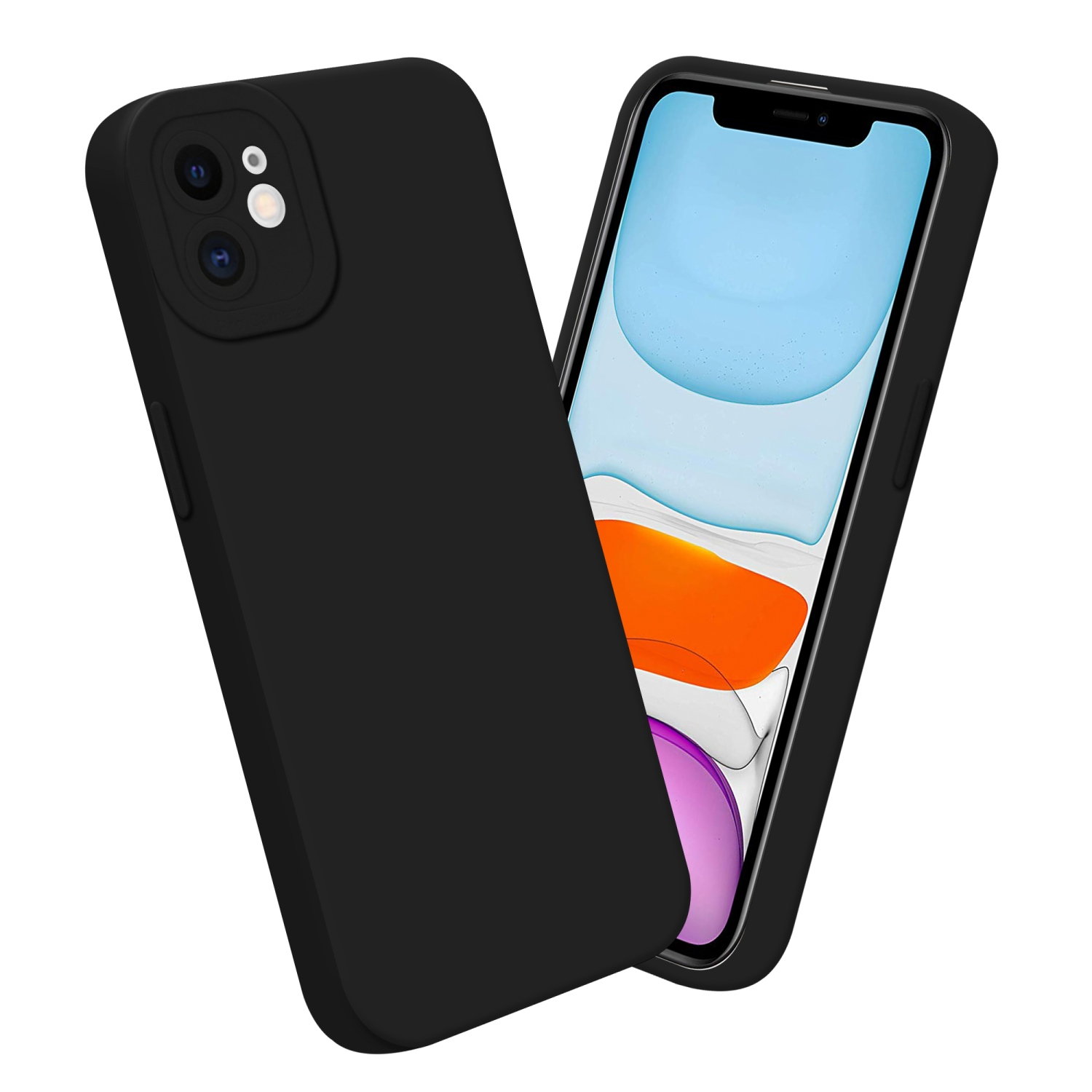 Custodia nera per telefono con ritaglio per fotocamera. Un telefono con protezione schermo all'interno. Entrambi su sfondo bianco.