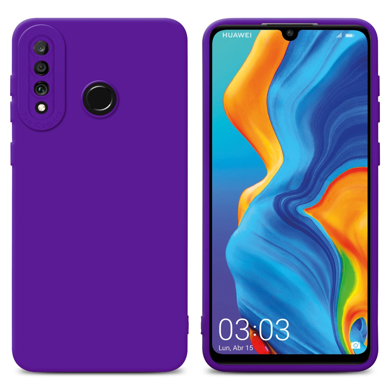 Custodia per telefono viola, che mostra lo schermo del telefono. Presenta il marchio Huawei e un rilievo della fotocamera.