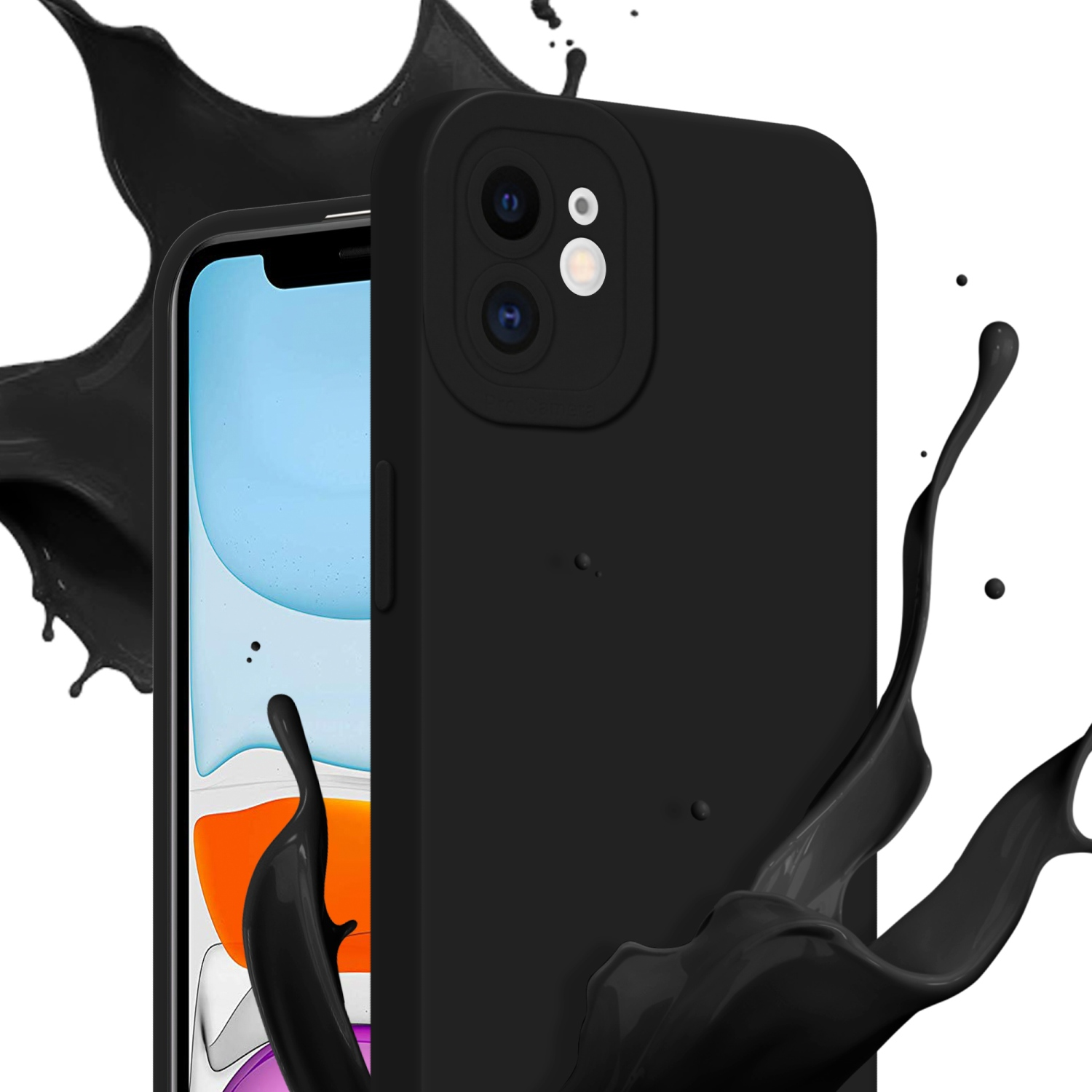 Custodia nera con due fotocamere. Schizzo di vernice nera. Schermo del telefono visibile. Sfondo bianco.