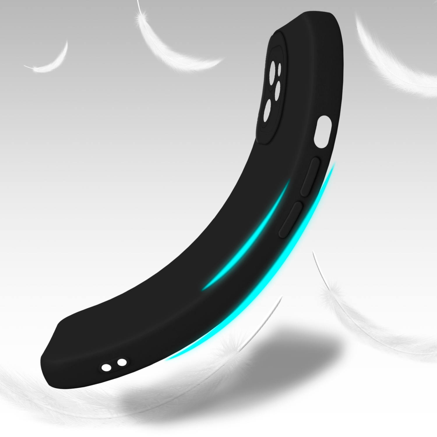 Una custodia nera per telefono con un design curvo, con piume bianche che fluttuano sullo sfondo.