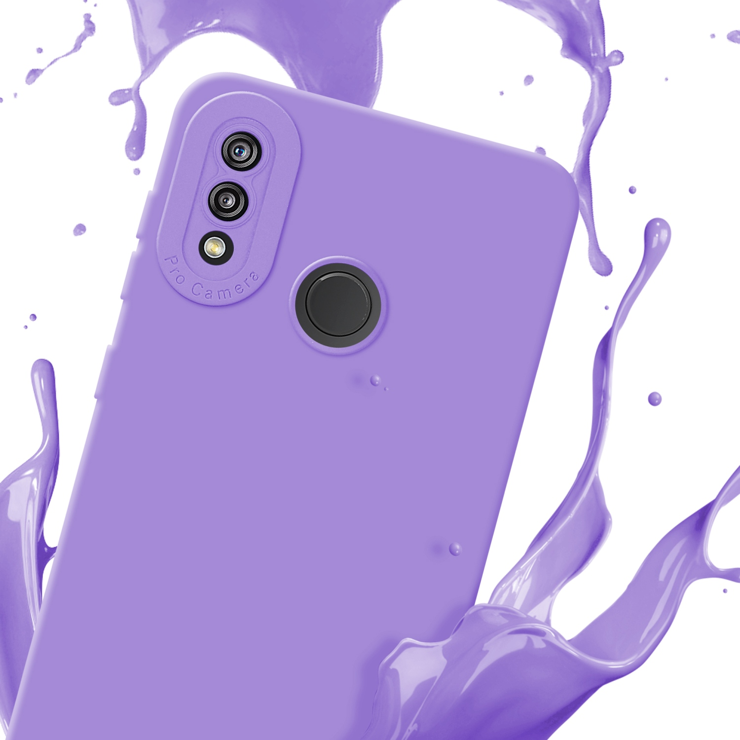 Custodia per telefono viola con più lenti della fotocamera. Spruzzo di liquido viola sullo sfondo.