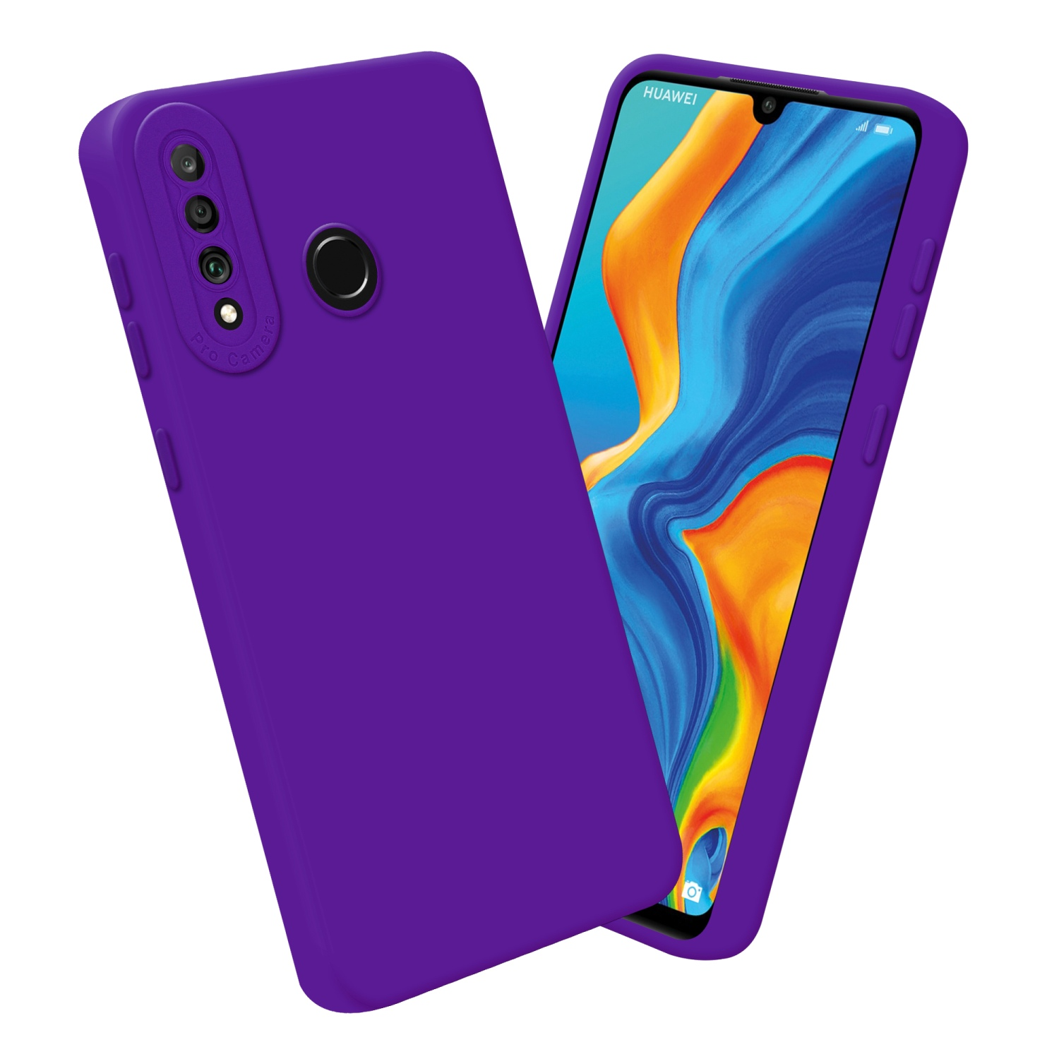 Custodia e telefono viola. Entrambi sono visualizzati in prospettiva su sfondo bianco.