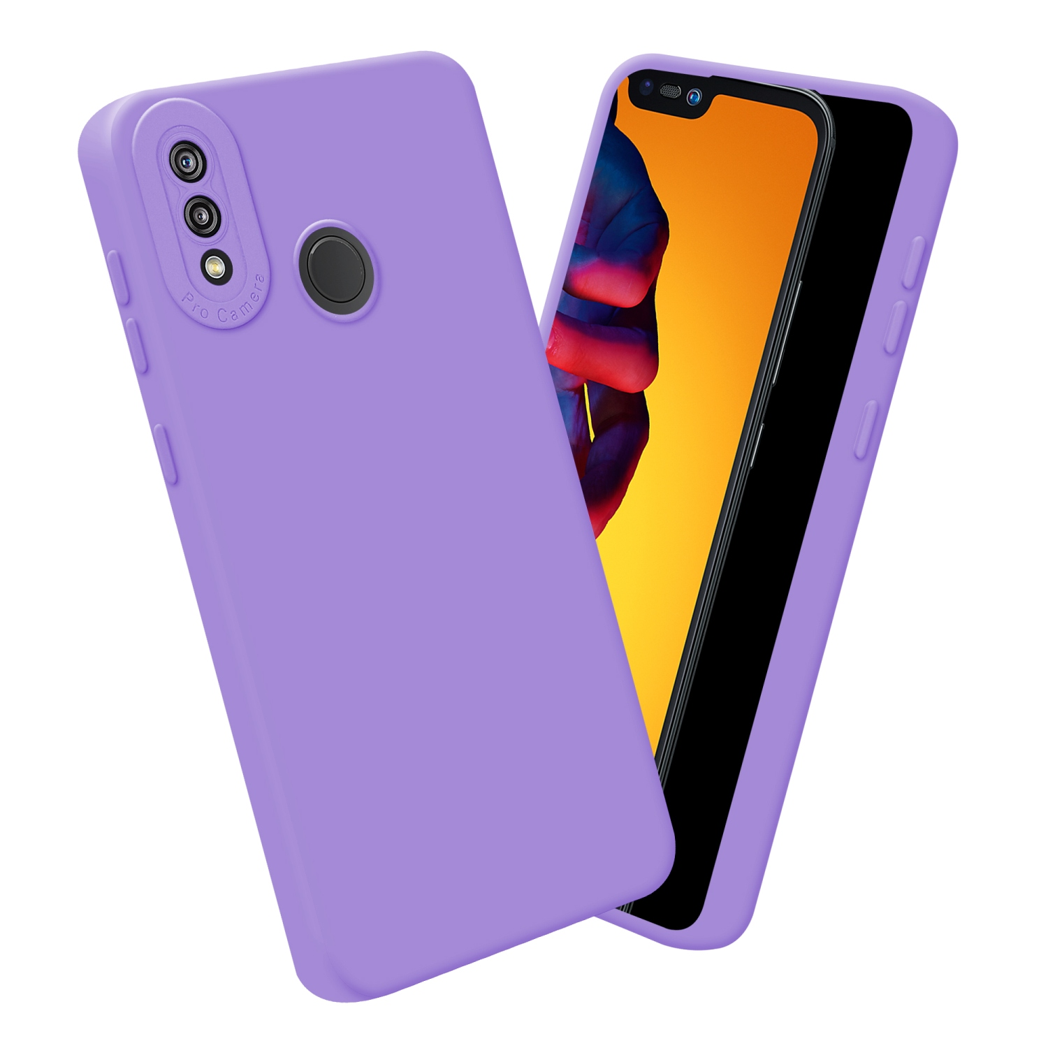 Due custodie per telefono color lavanda, con un telefono che mostra uno schermo. Sfondo bianco.