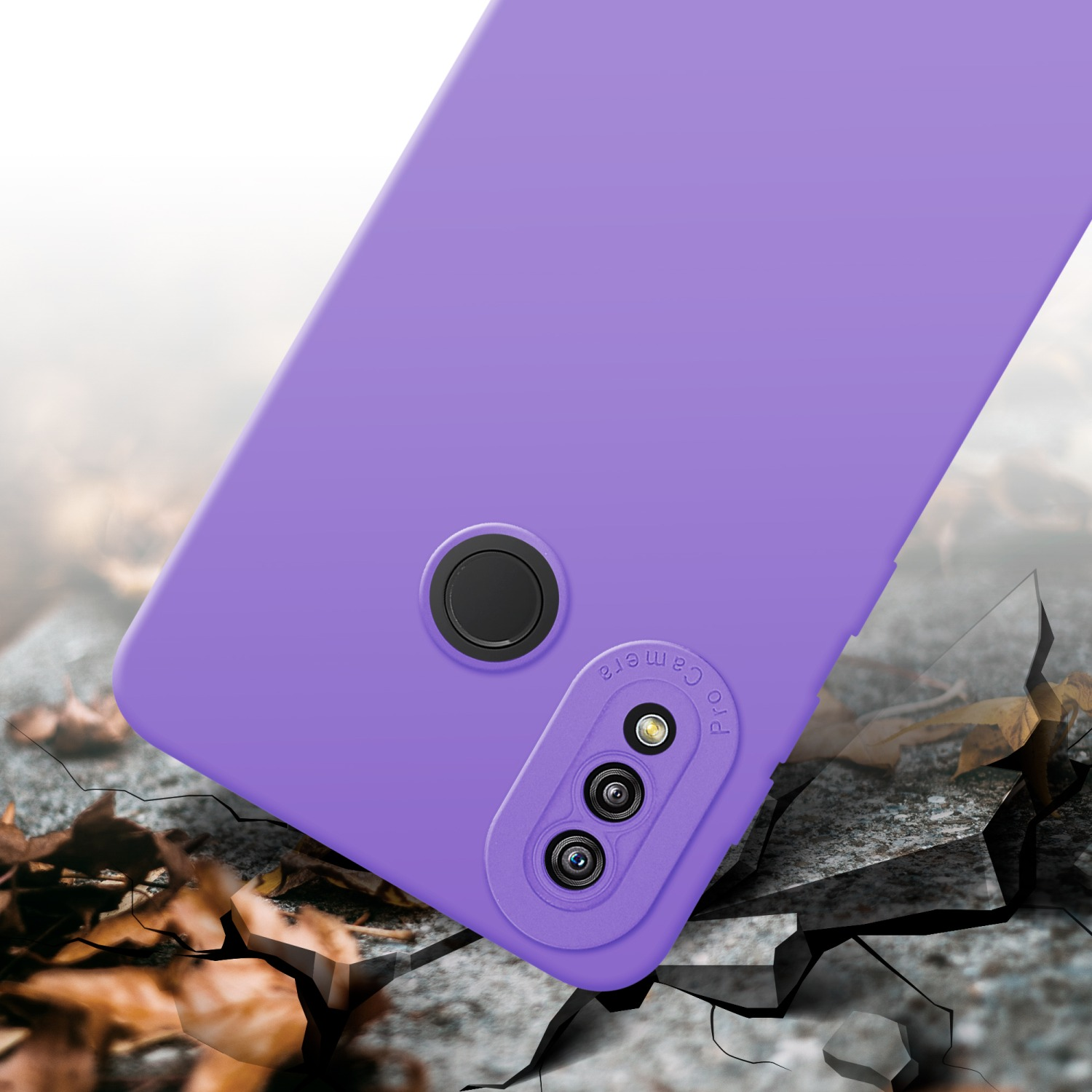 Custodia viola su superficie incrinata, con dettaglio fotocamera.