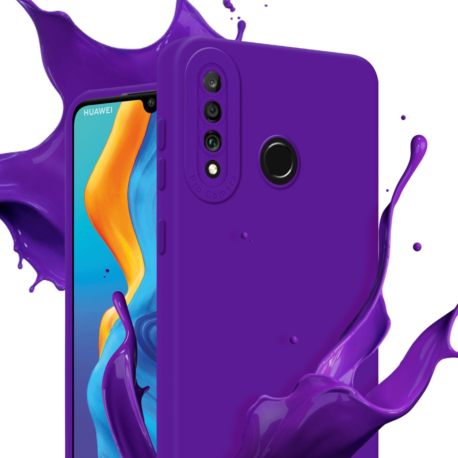 Custodia viola con telefono e schizzo viola. Sfondo bianco.