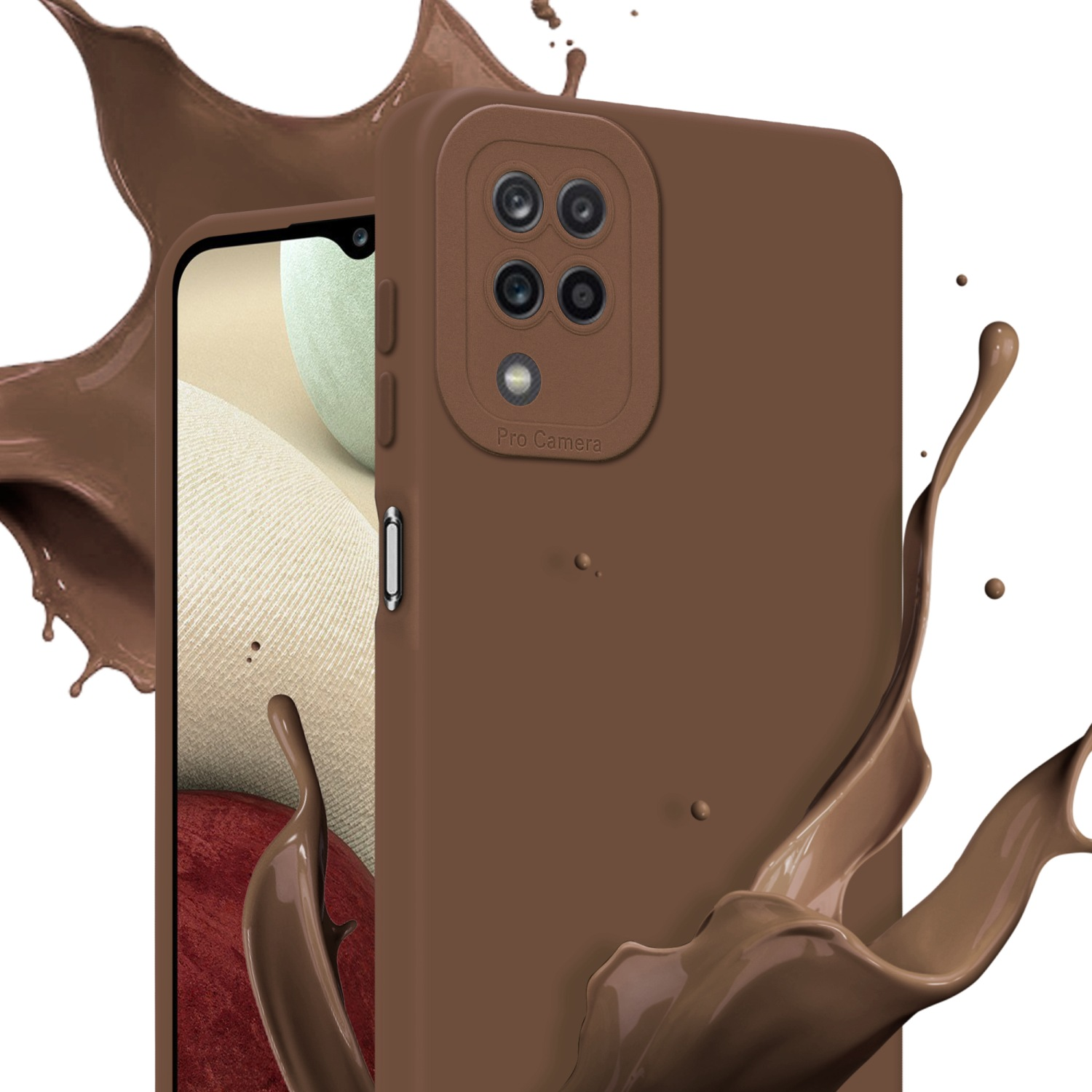 Braune Handyhülle mit dunklem Flüssigkeitsspritzer auf weißem Hintergrund. Telefonbildschirm sichtbar.