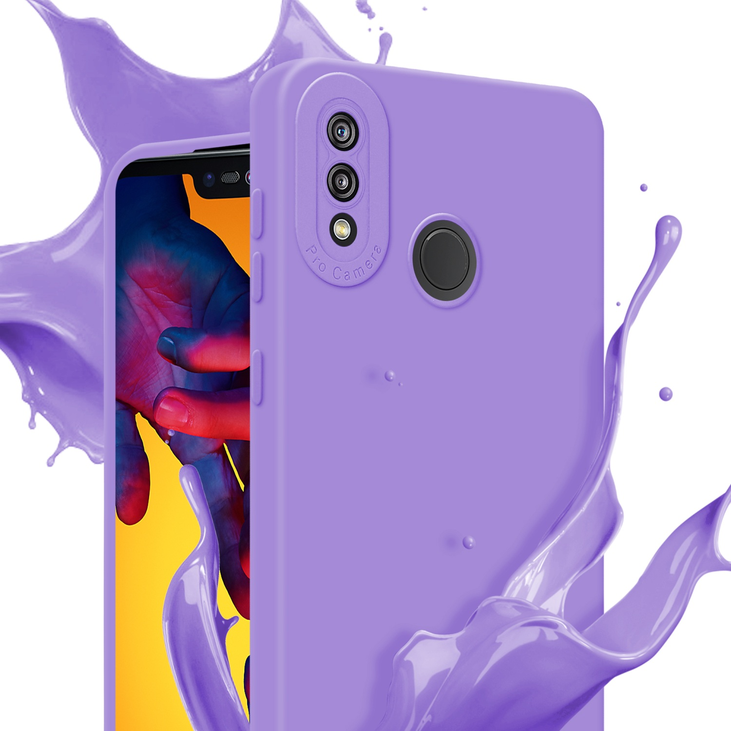 Custodia viola con tripla fotocamera su un telefono. Spruzzo di vernice viola sullo sfondo.