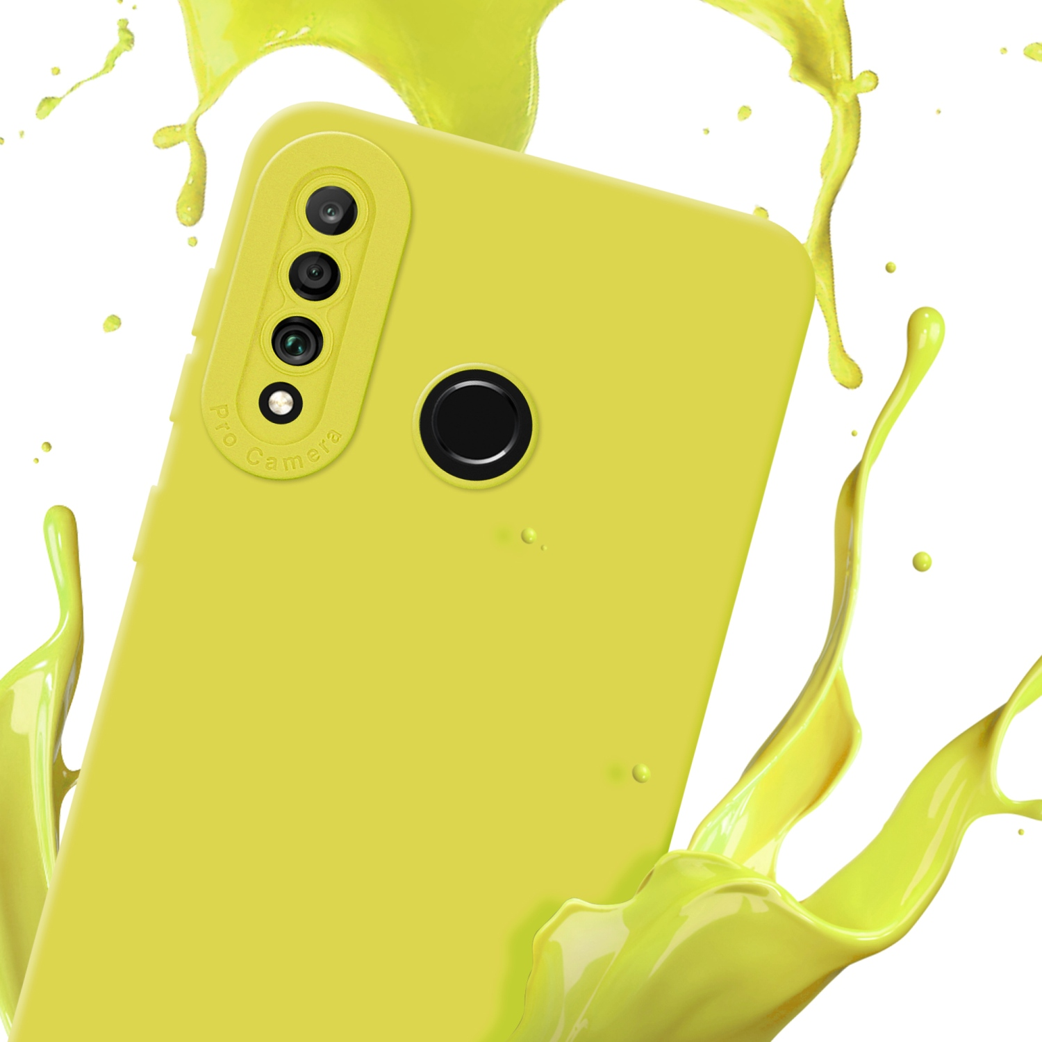 Una custodia per telefono gialla con un rialzo per fotocamera e schizzi di vernice gialla.