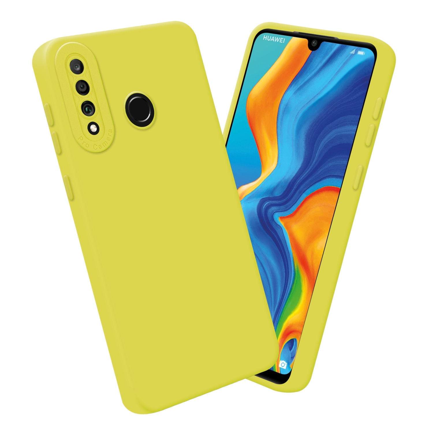 Un telefono giallo con custodia gialla. Lo schermo mostra uno sfondo blu e arancione.
