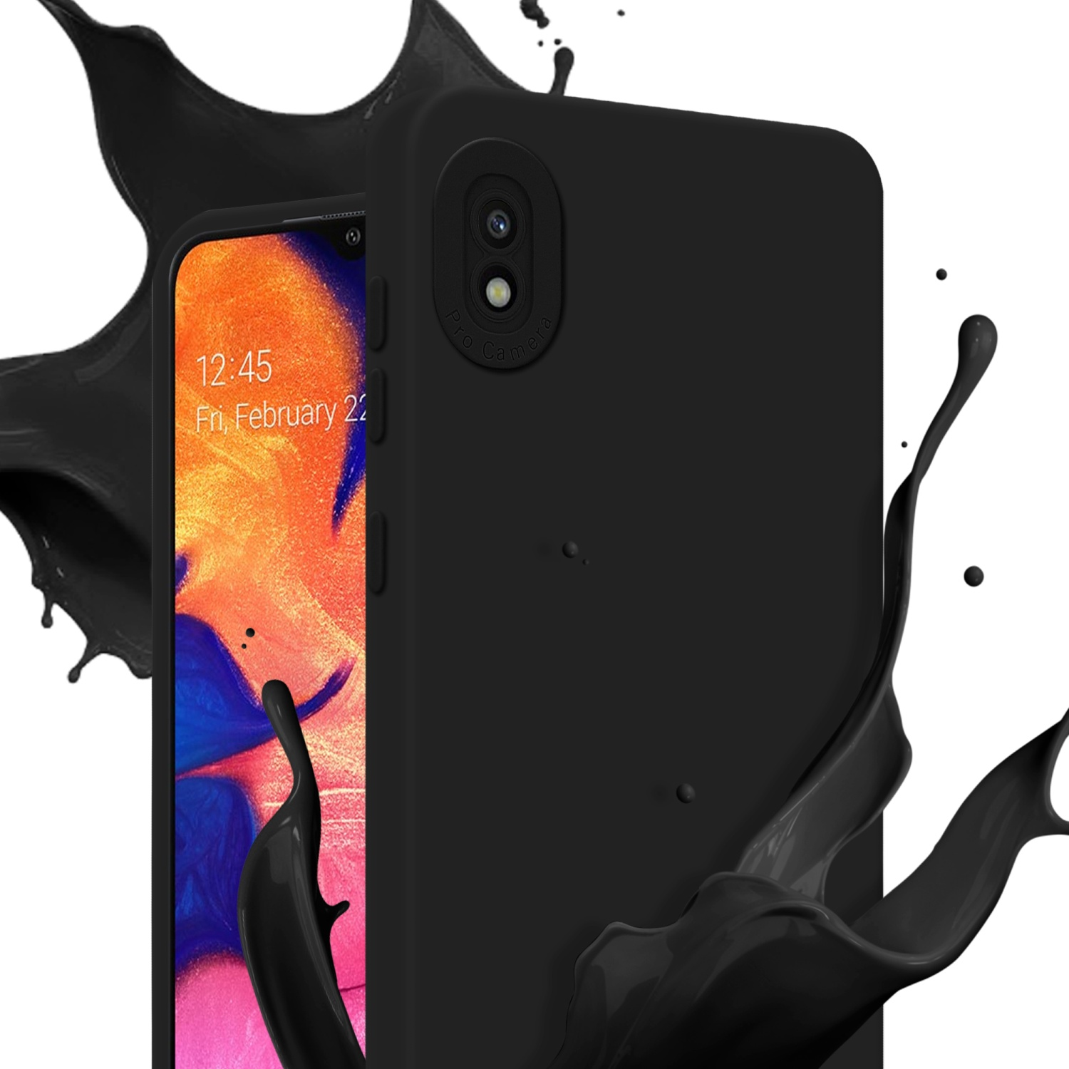 Custodia nera con schermo del telefono che mostra ora e data. Schizzo di vernice nera sullo sfondo.