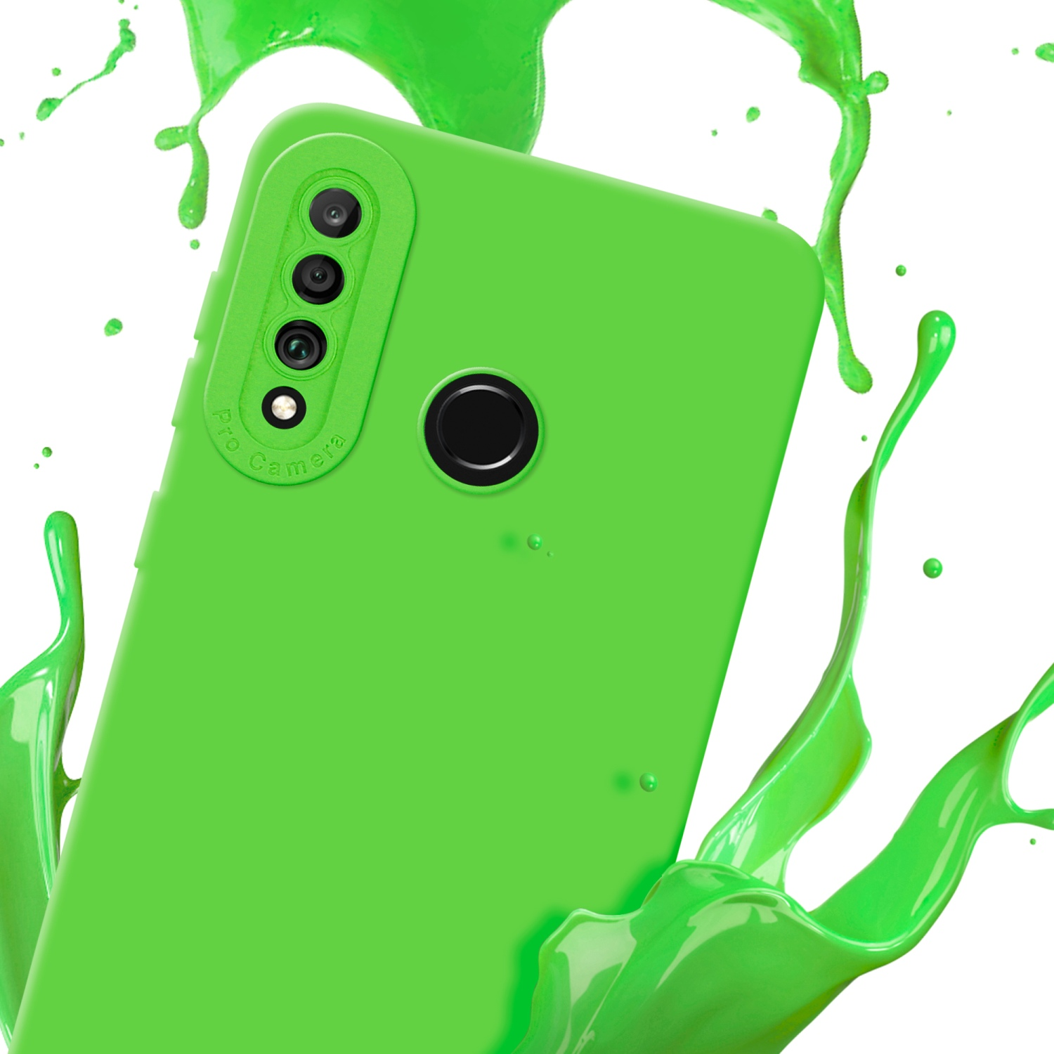 Custodia verde con schizzo di liquido verde e schermo del telefono con sfondo bianco.