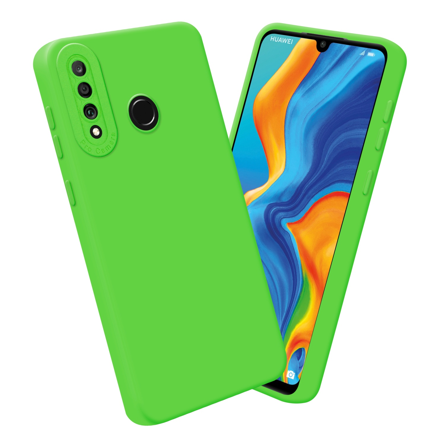Custodia verde con telefono all'interno. Lo schermo del telefono mostra la schermata iniziale.