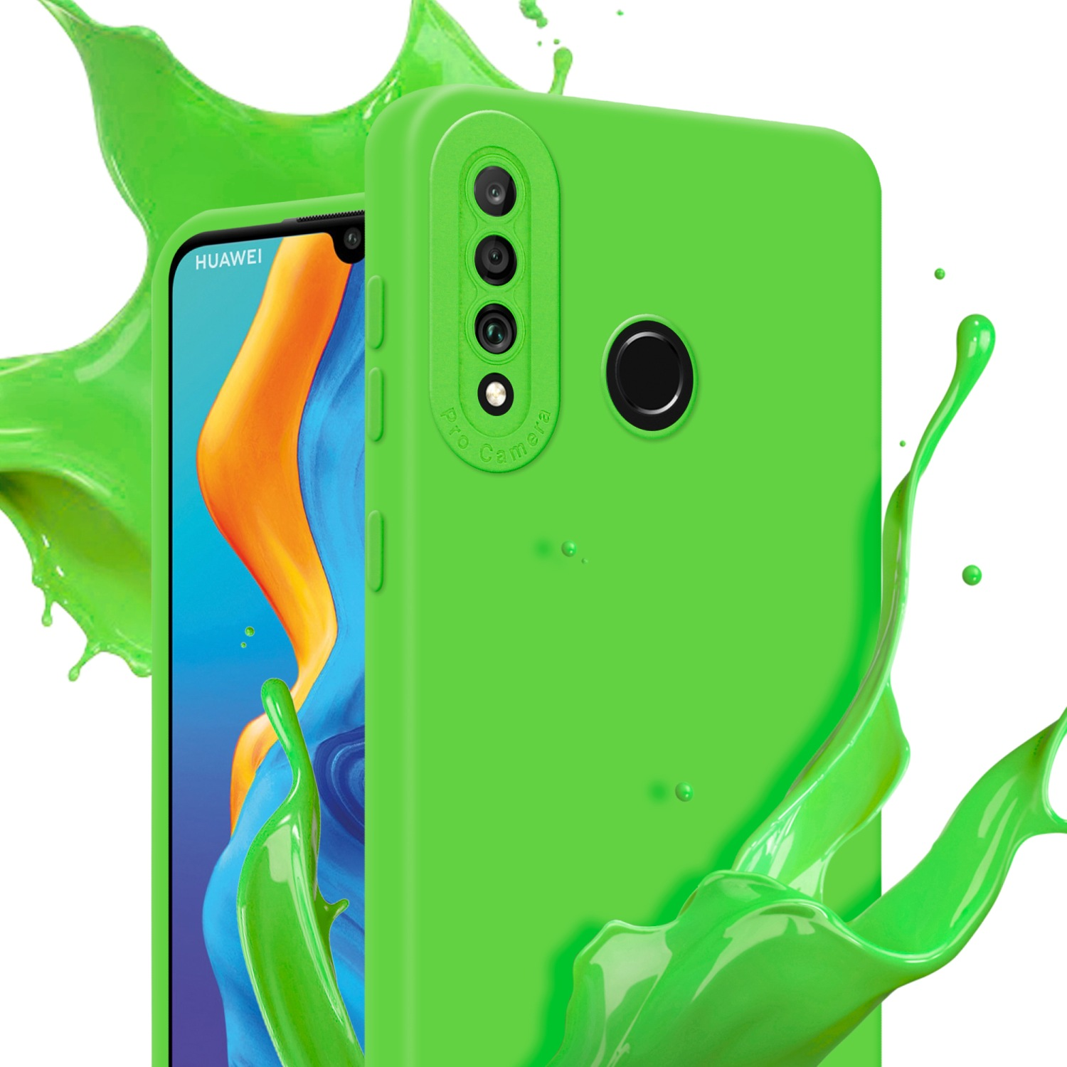 Custodia verde per telefono con telefono dietro. Schizzi di liquido verde sullo sfondo.