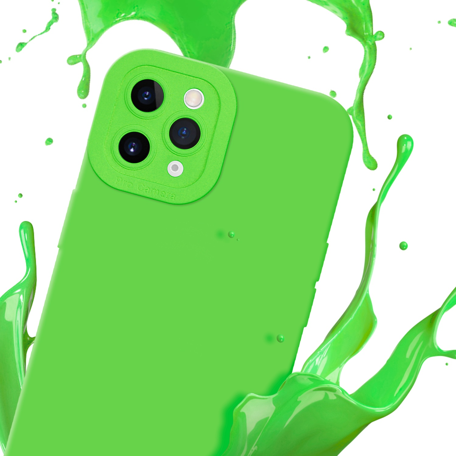 Una custodia verde per telefono con schizzi, vista posteriore.