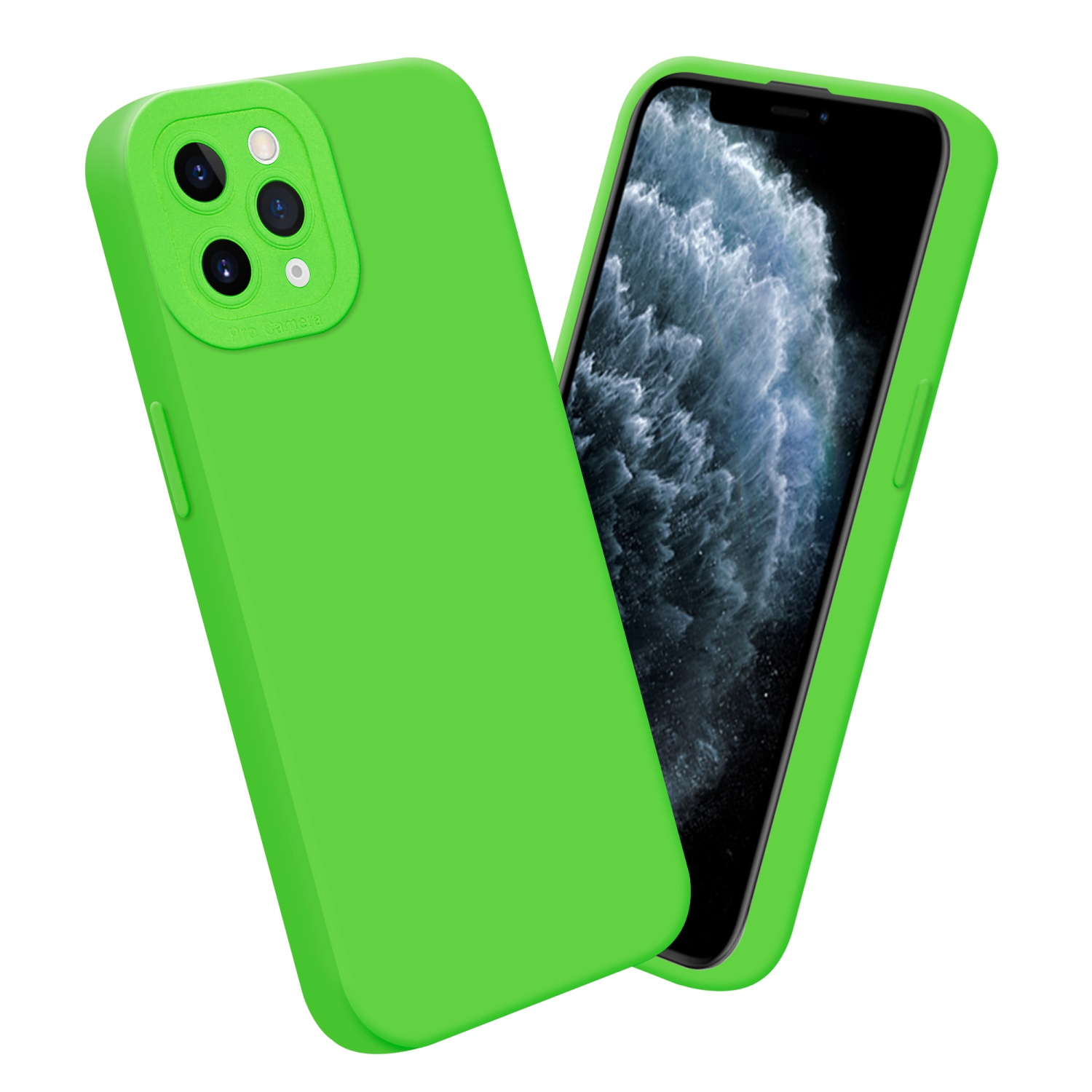 Custodia verde e smartphone con schermo scuro. La custodia copre retro e lati del telefono.