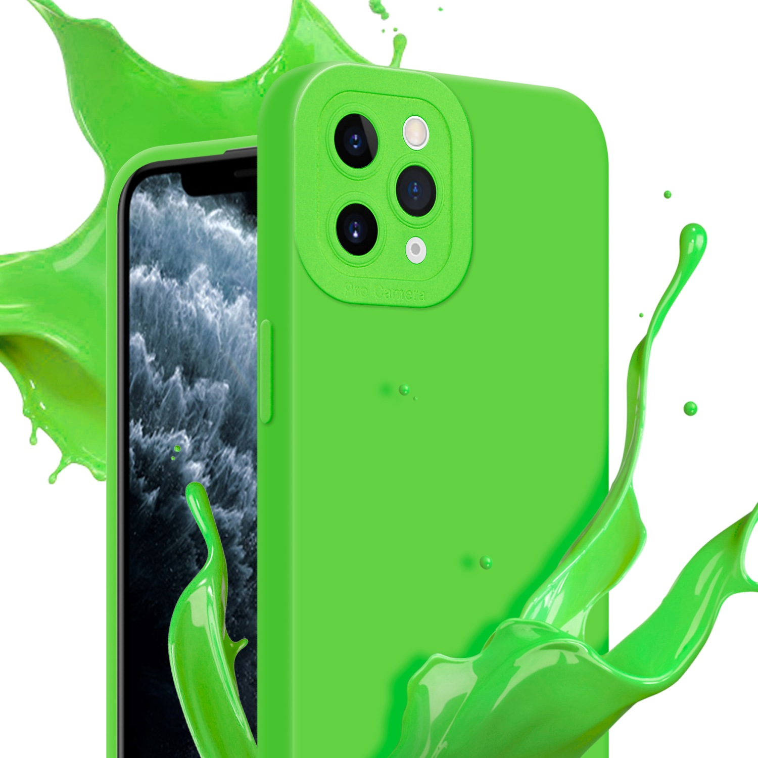 Custodia verde per telefono con tripla fotocamera, con schizzi di liquido verde. Lo sfondo è bianco.