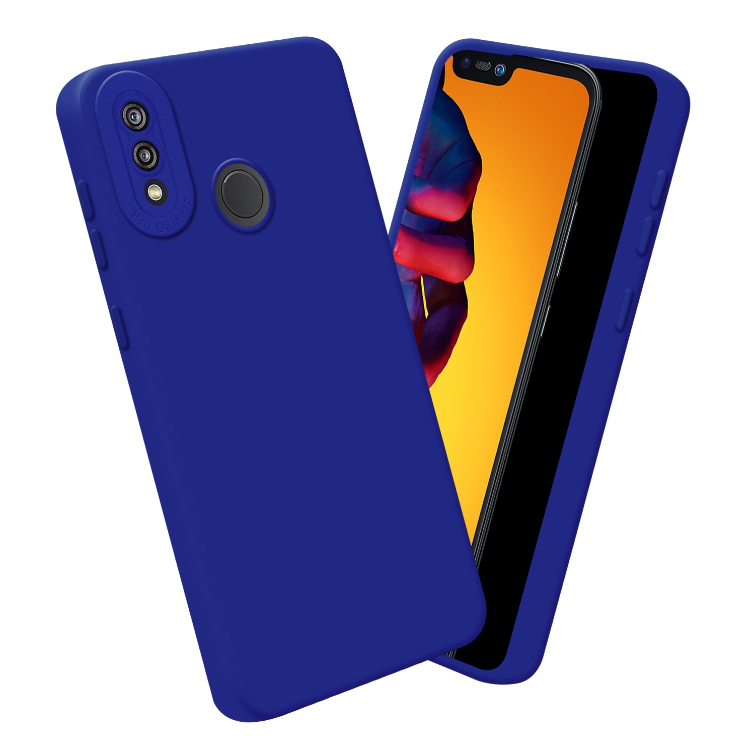 Due custodie blu per telefono, una aperta. Lo schermo è visibile.