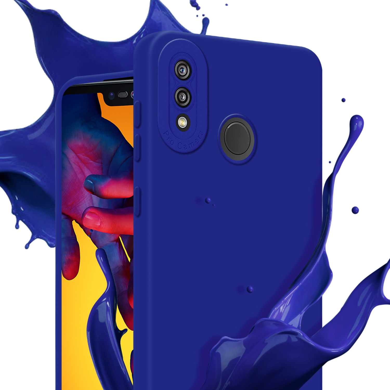 Una custodia blu con uno schermo del telefono e vernice blu che schizza intorno.