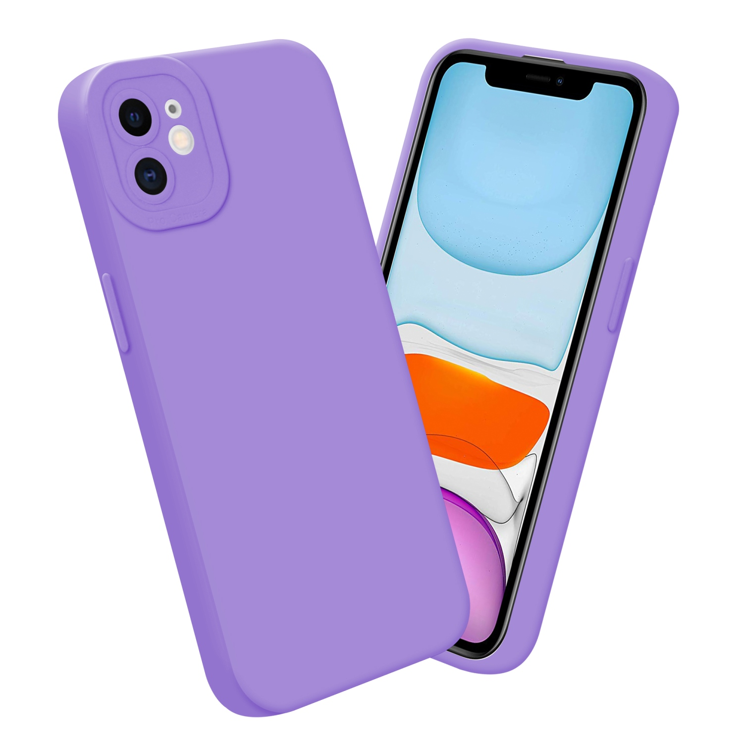 Custodie per telefono viola, una mostra uno schermo. Fotocamere visibili. Sfondo bianco.