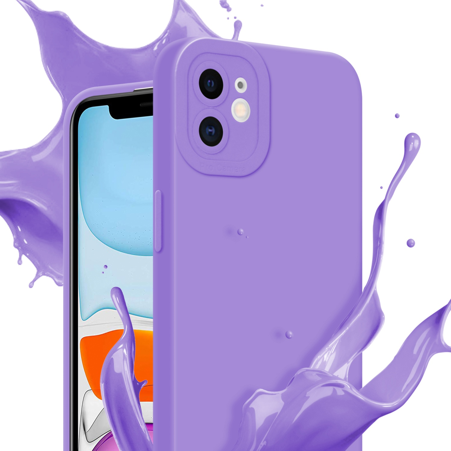 Custodia viola con doppia fotocamera su un telefono. Spruzzo di vernice viola sullo sfondo.