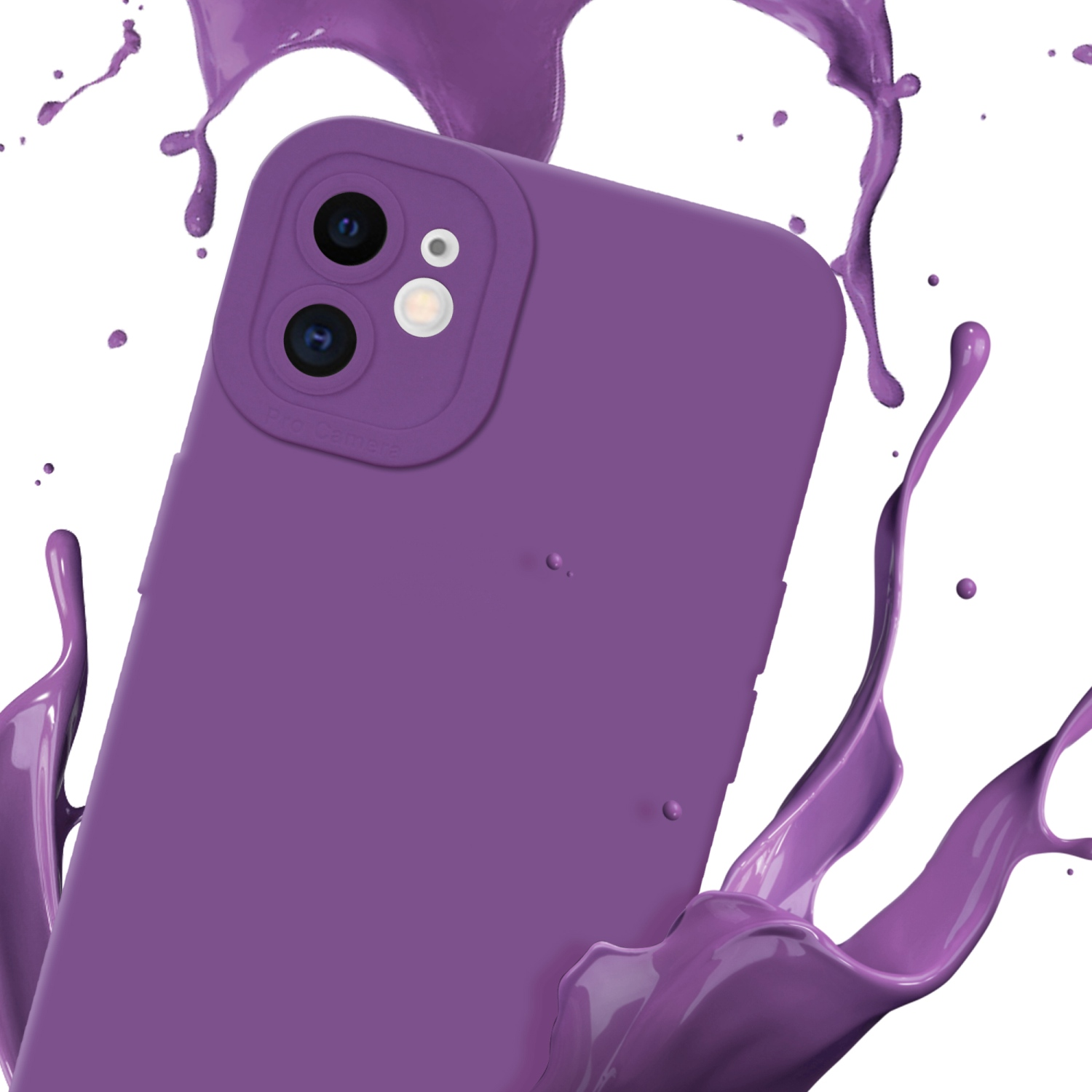Custodia viola, con due fotocamere e un flash bianco, con schizzi di vernice viola.