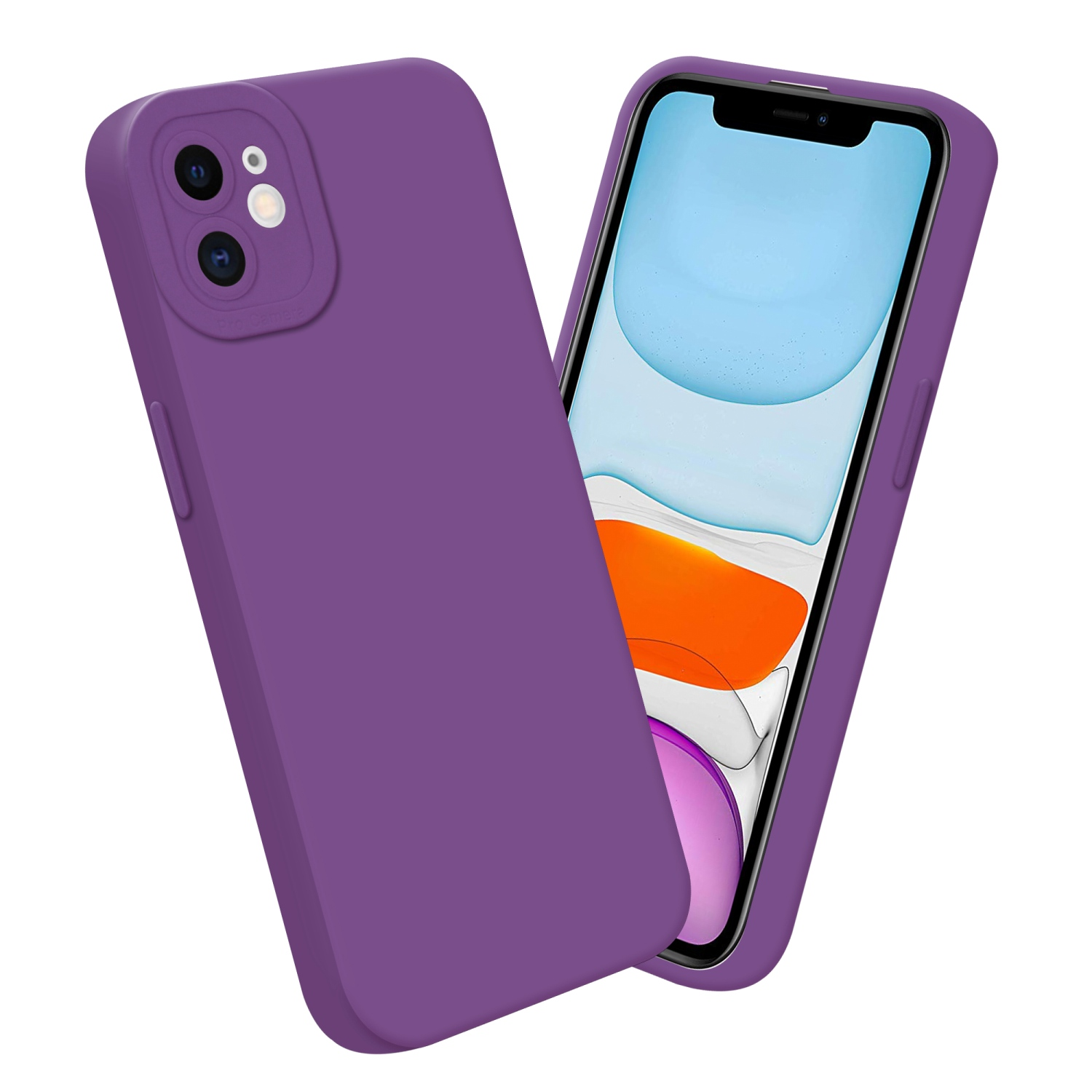 Due custodie per telefono viola, con un telefono che mostra uno schermo. Sfondo bianco.