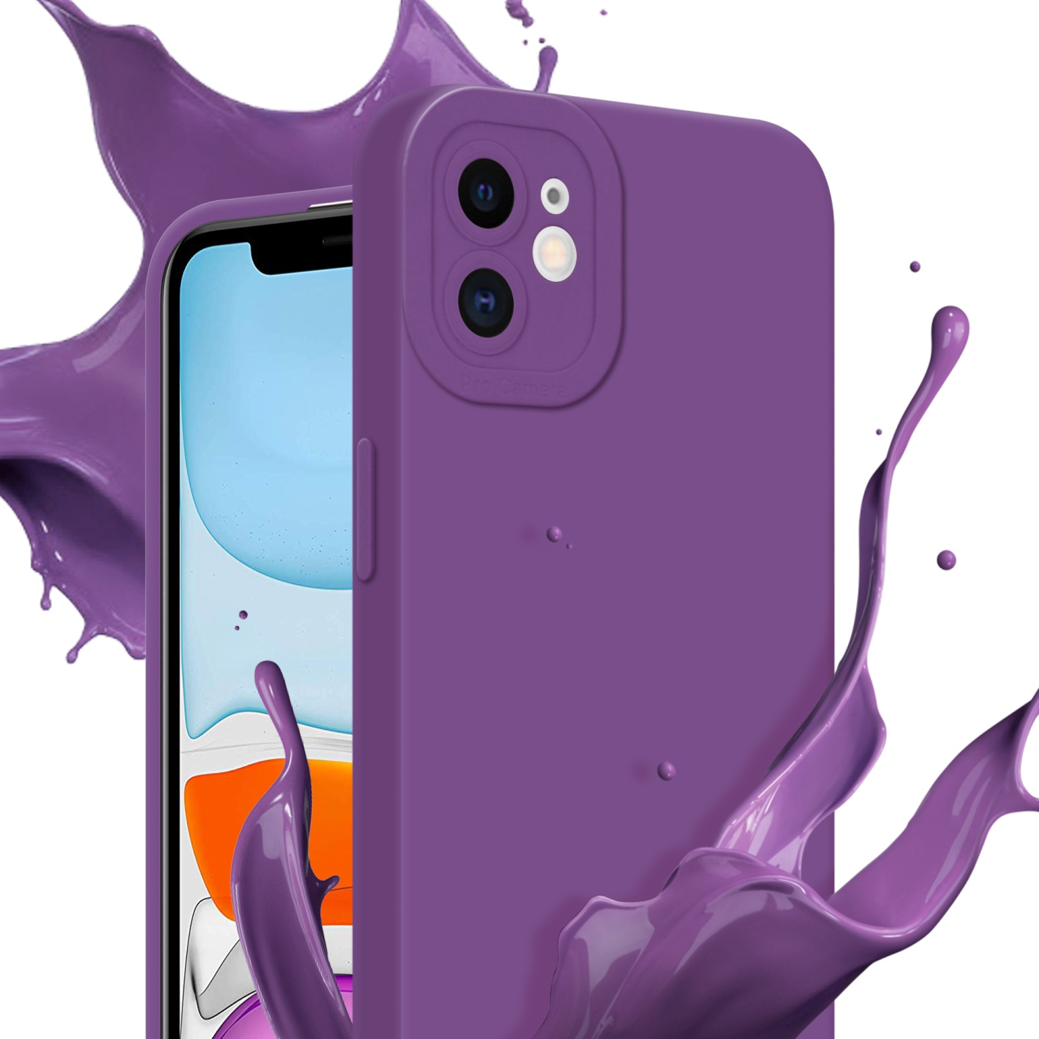 Custodia per telefono viola con lenti della fotocamera e schizzi di liquido viola con sfondo bianco.