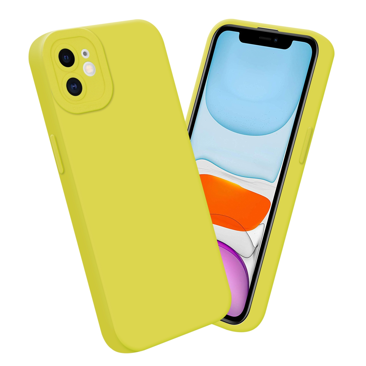 Custodia gialla e smartphone con schermo. La custodia copre retro e lati del telefono.
