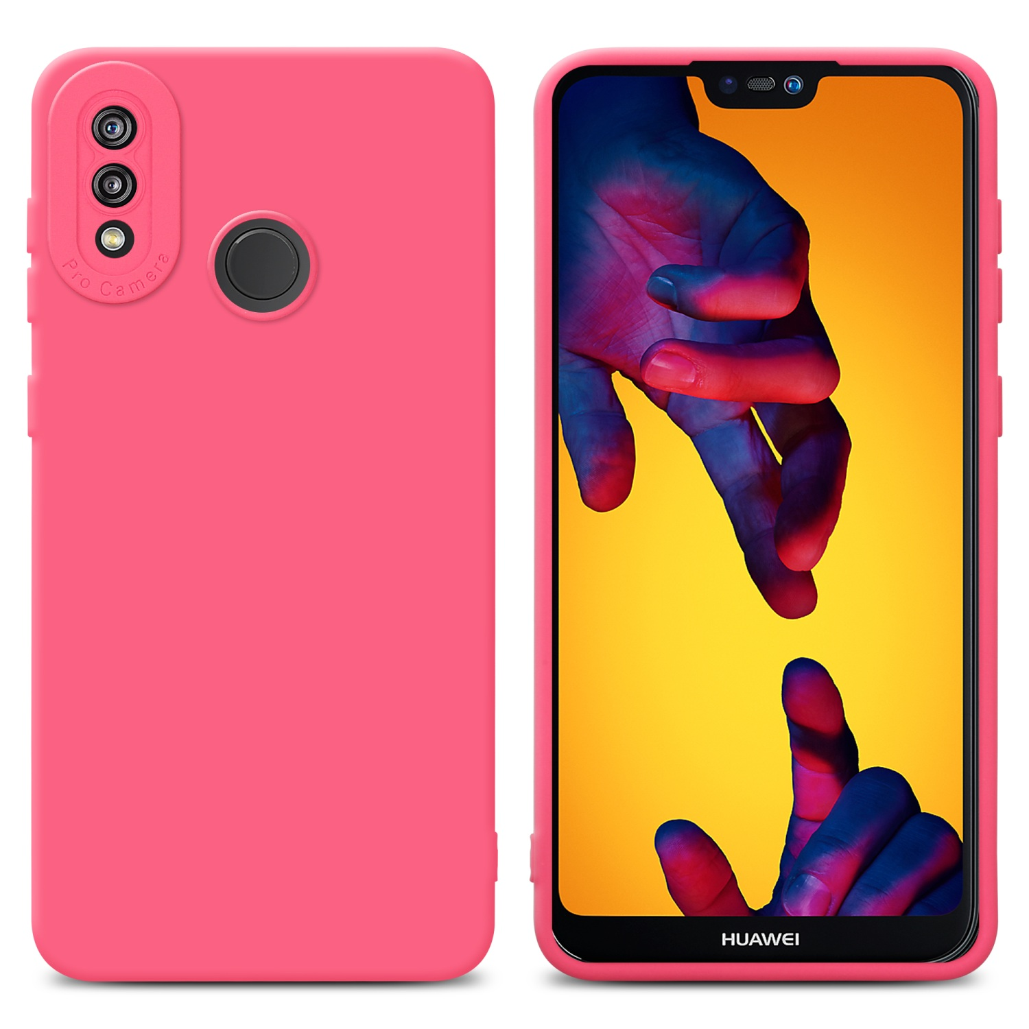 Una custodia per telefono rosa con mani che si toccano sullo schermo del telefono.