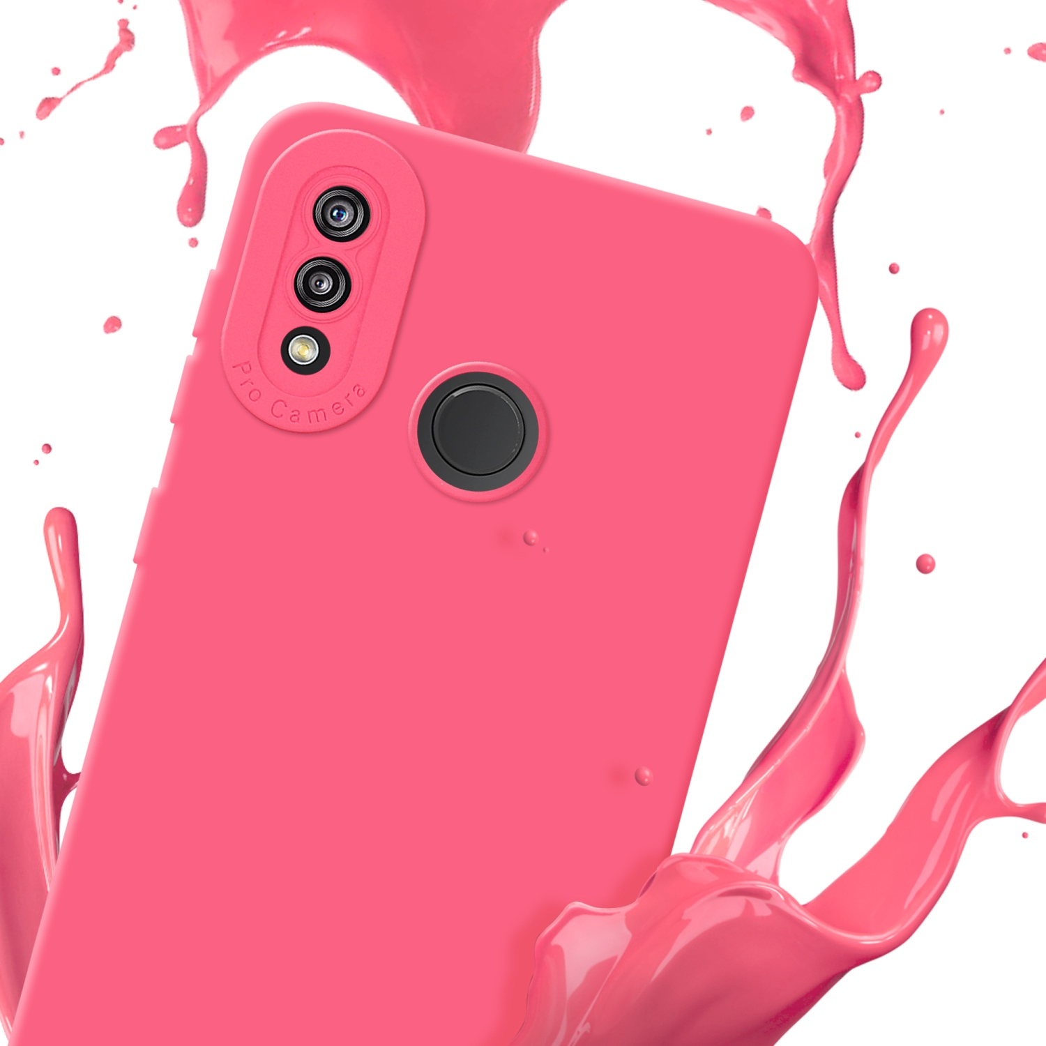 Custodia rosa con schizzo di vernice rosa su sfondo bianco. Copre la parte posteriore.