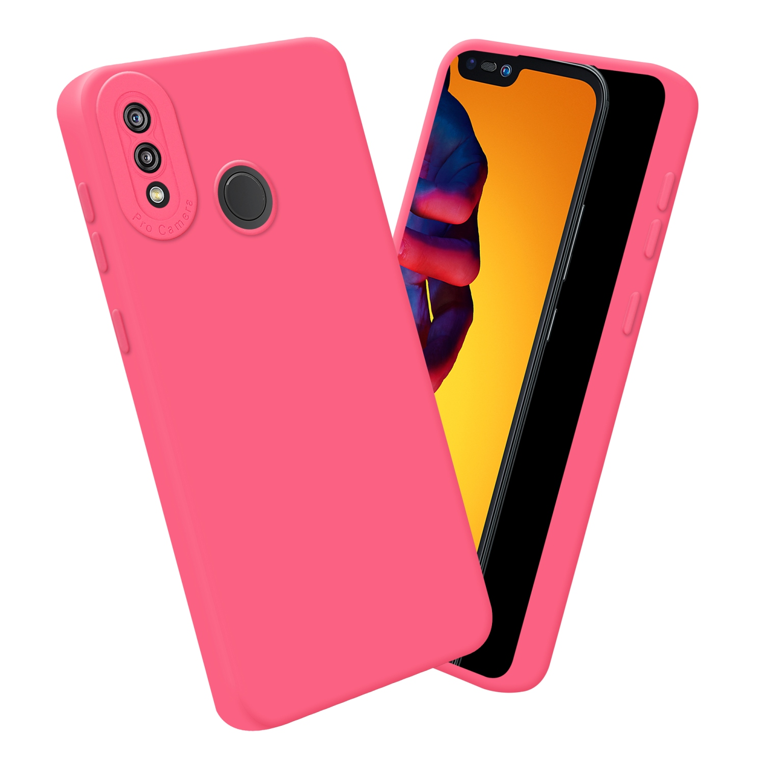 Due custodie rosa con configurazioni a tripla fotocamera, una su un telefono con schermo che mostra un'immagine colorata.