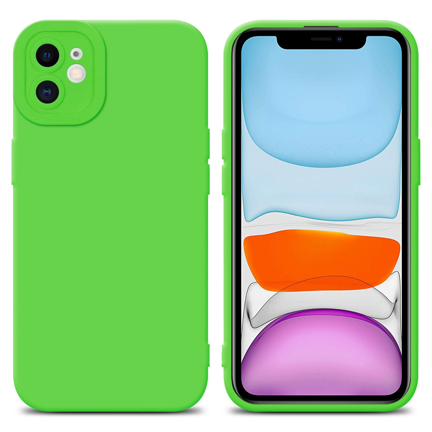 Custodia verde per telefono. Telefono con schermo colorato. Due viste. Sfondo bianco.