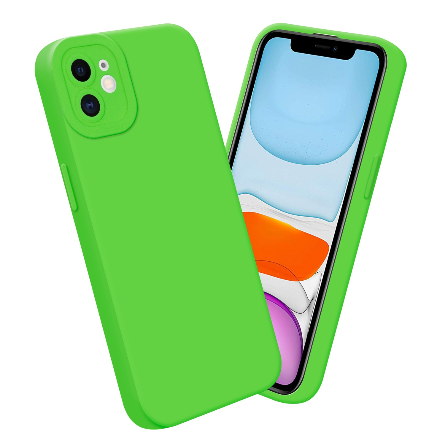 Una custodia per iPhone verde brillante, con il telefono all'interno. Le lenti della fotocamera sono visibili.