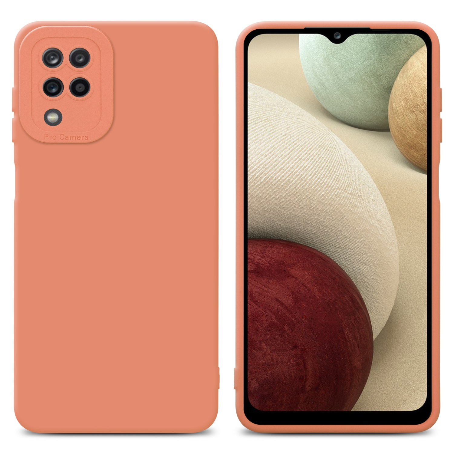 Due custodie per telefono color pesca, una con schermo che mostra forme astratte.