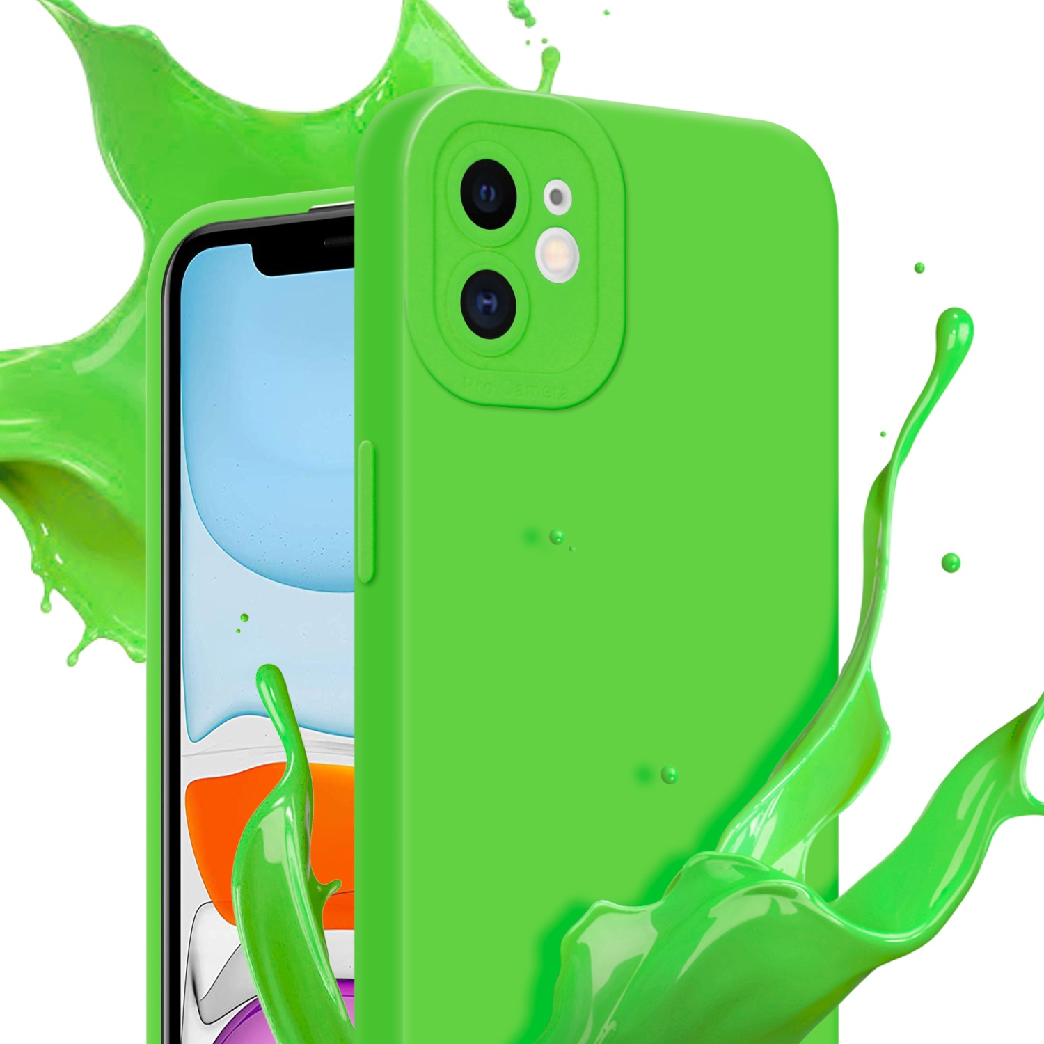 Custodia verde per telefono con due fotocamere, schizzi di liquido verde sullo sfondo.