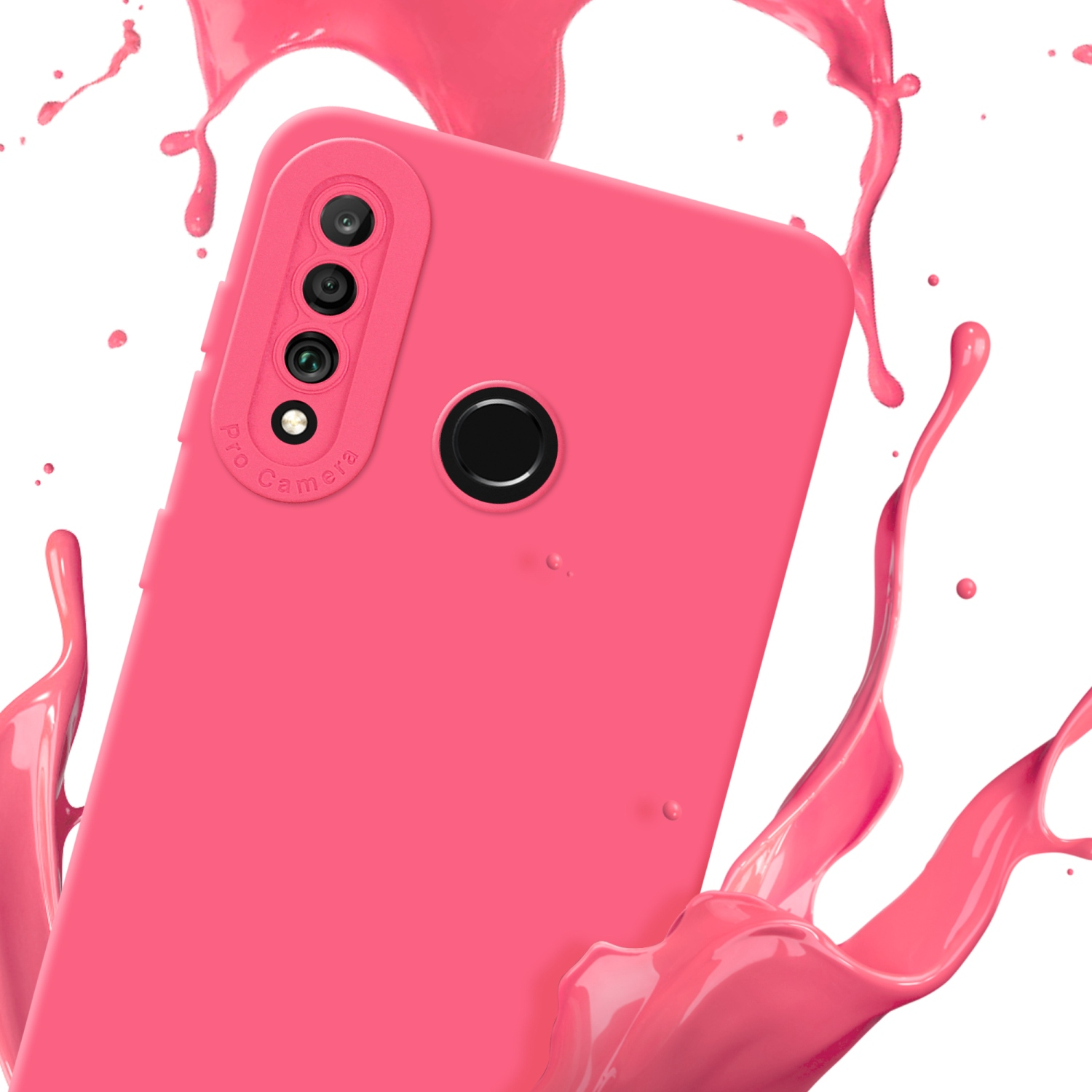 Custodia per telefono rosa con dettaglio fotocamera e spruzzi rosa.