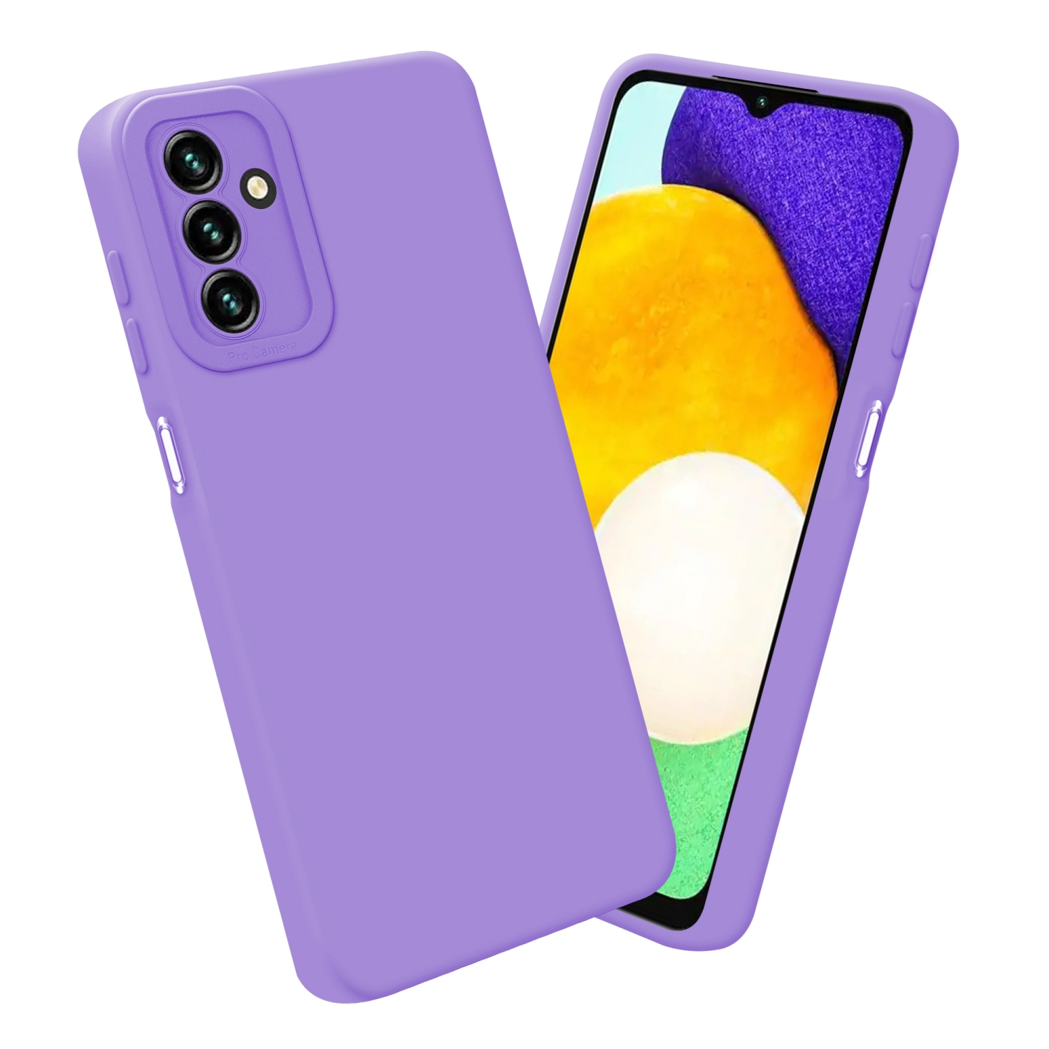 Due custodie viola per telefono, una sullo schermo del telefono, l'altra spenta. Sfondo bianco.