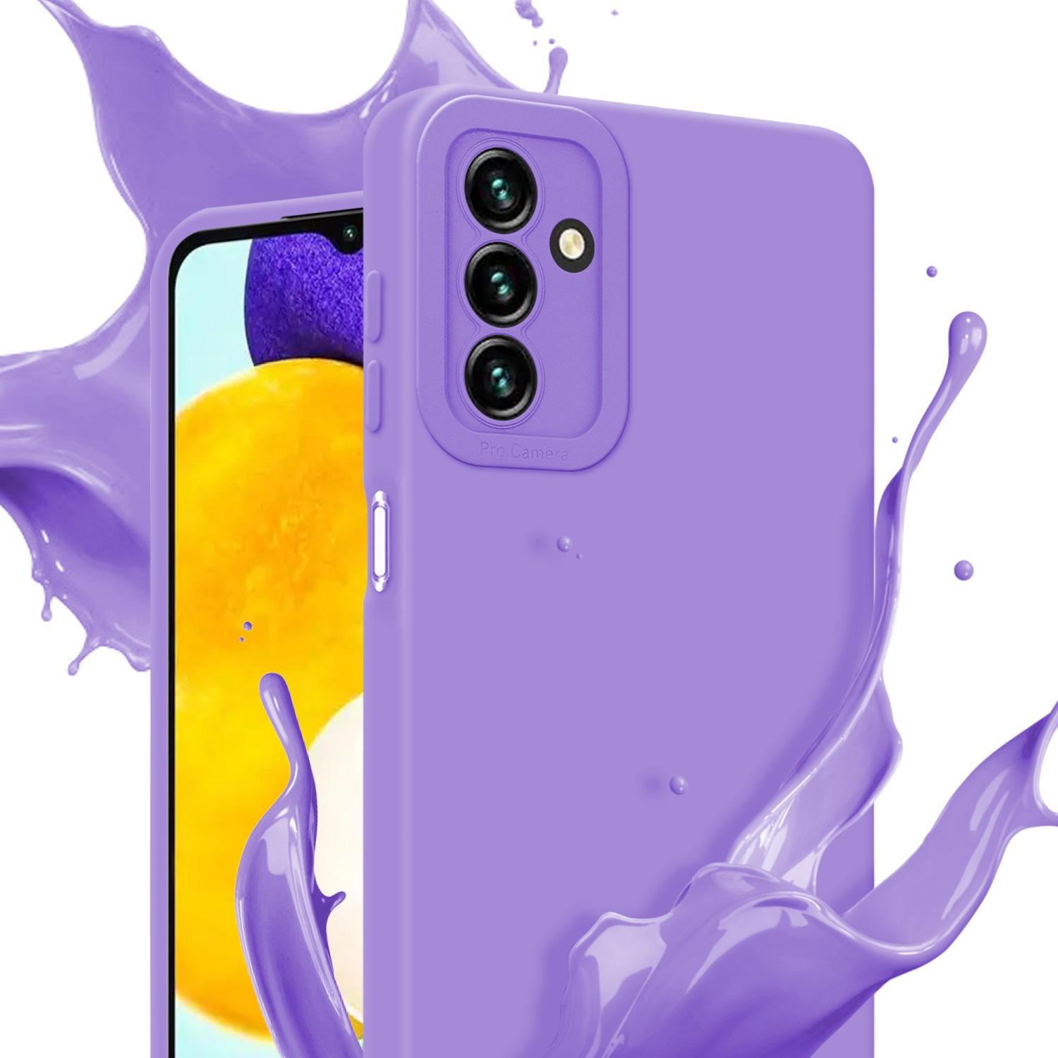 Una custodia viola per telefono circonda un telefono, con uno spruzzo di vernice viola sullo sfondo.