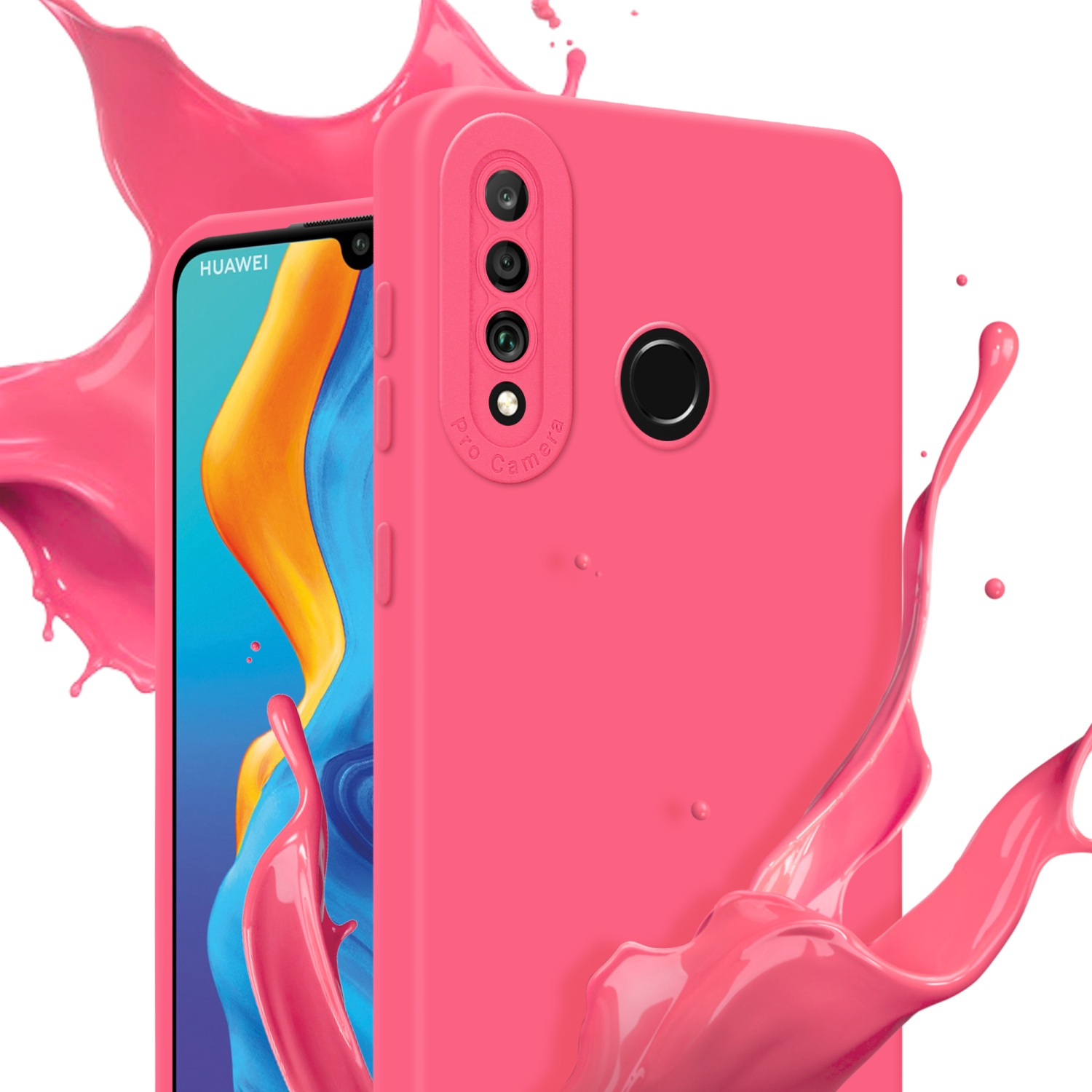 Custodia rosa con telefono all'interno e schizzo di vernice rosa.
