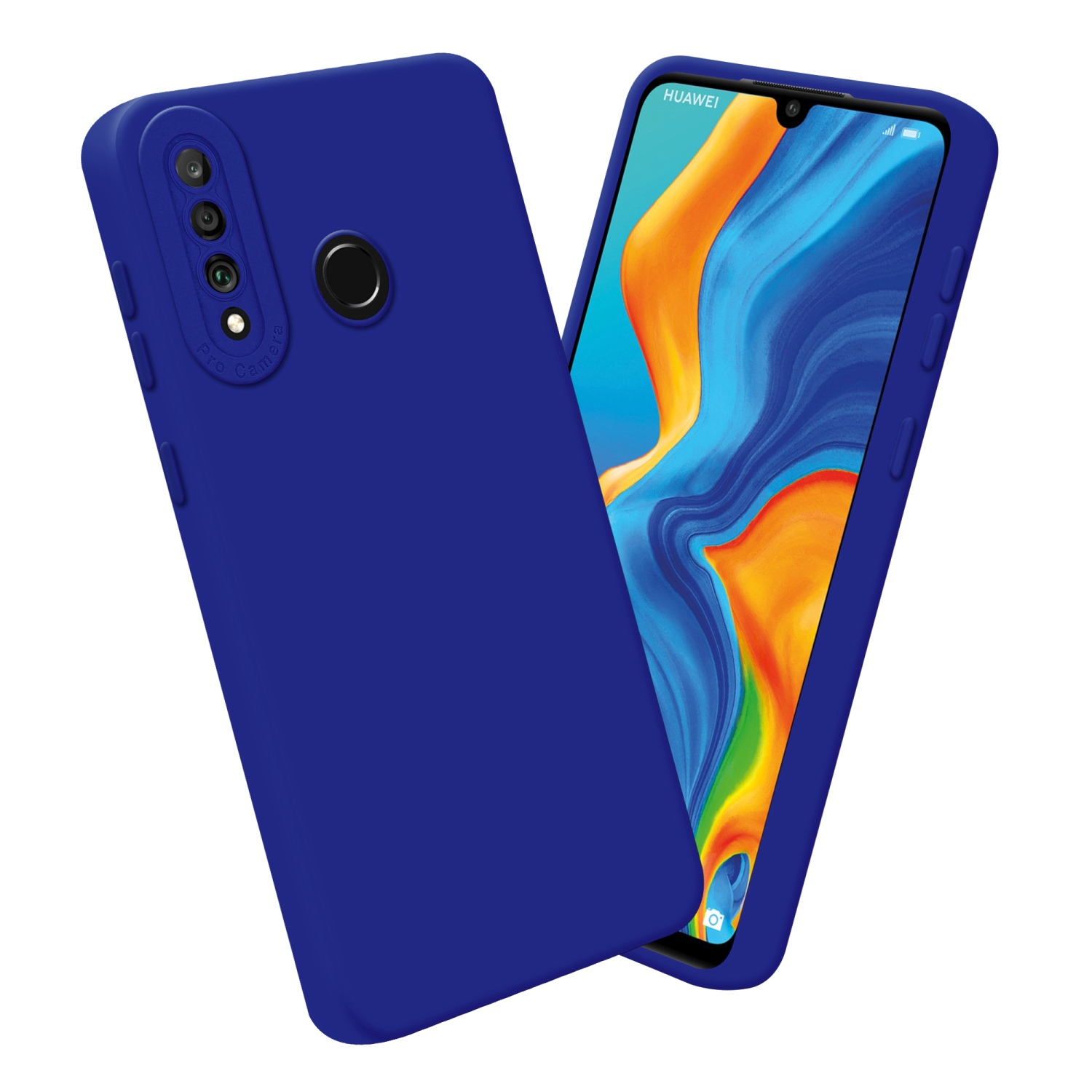 Una custodia blu per telefono che copre un telefono. Il telefono mostra l'interfaccia del telefono.