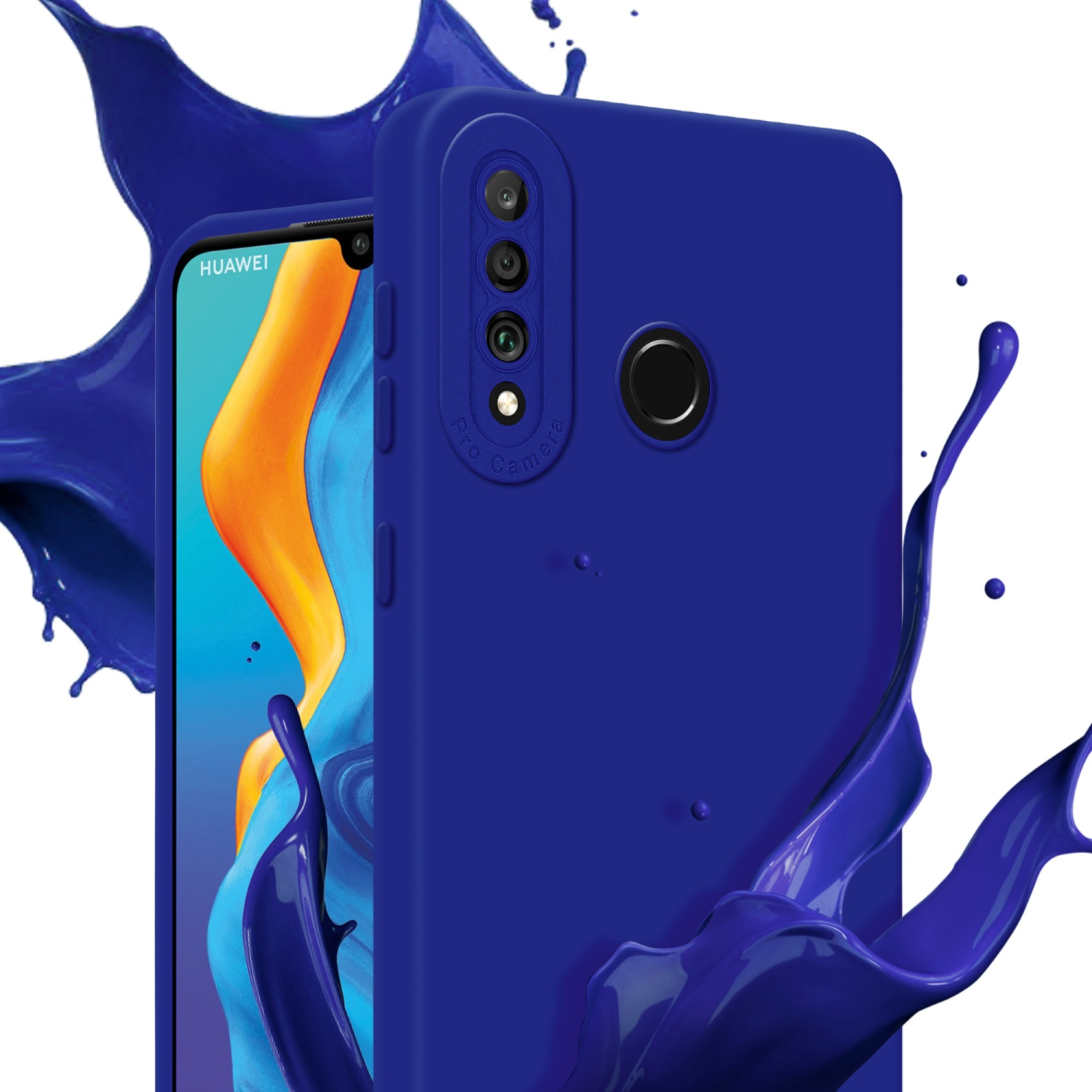 Custodia blu con schizzi di vernice blu. Il telefono mostra un'immagine colorata sullo schermo.