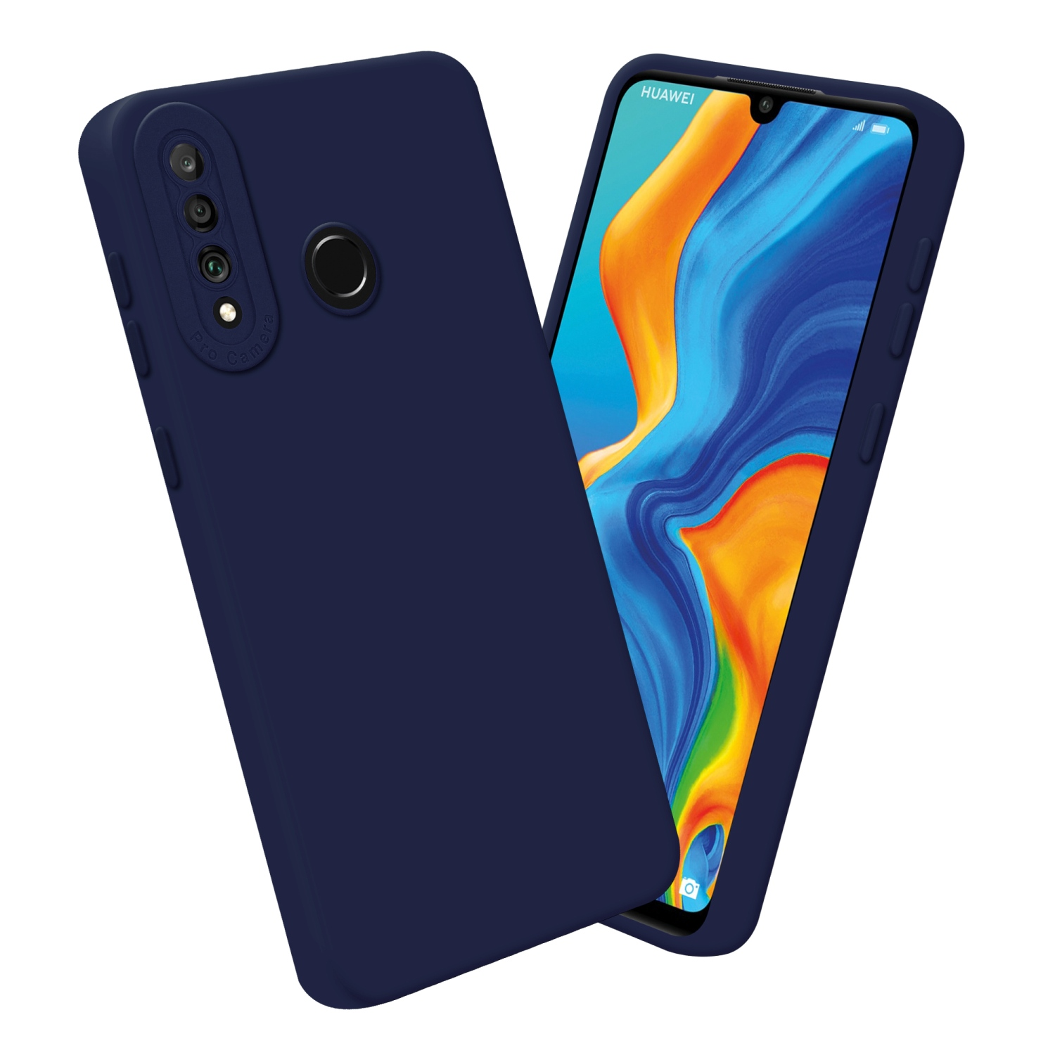 Custodia blu navy con app sullo schermo. Isolato su sfondo bianco.