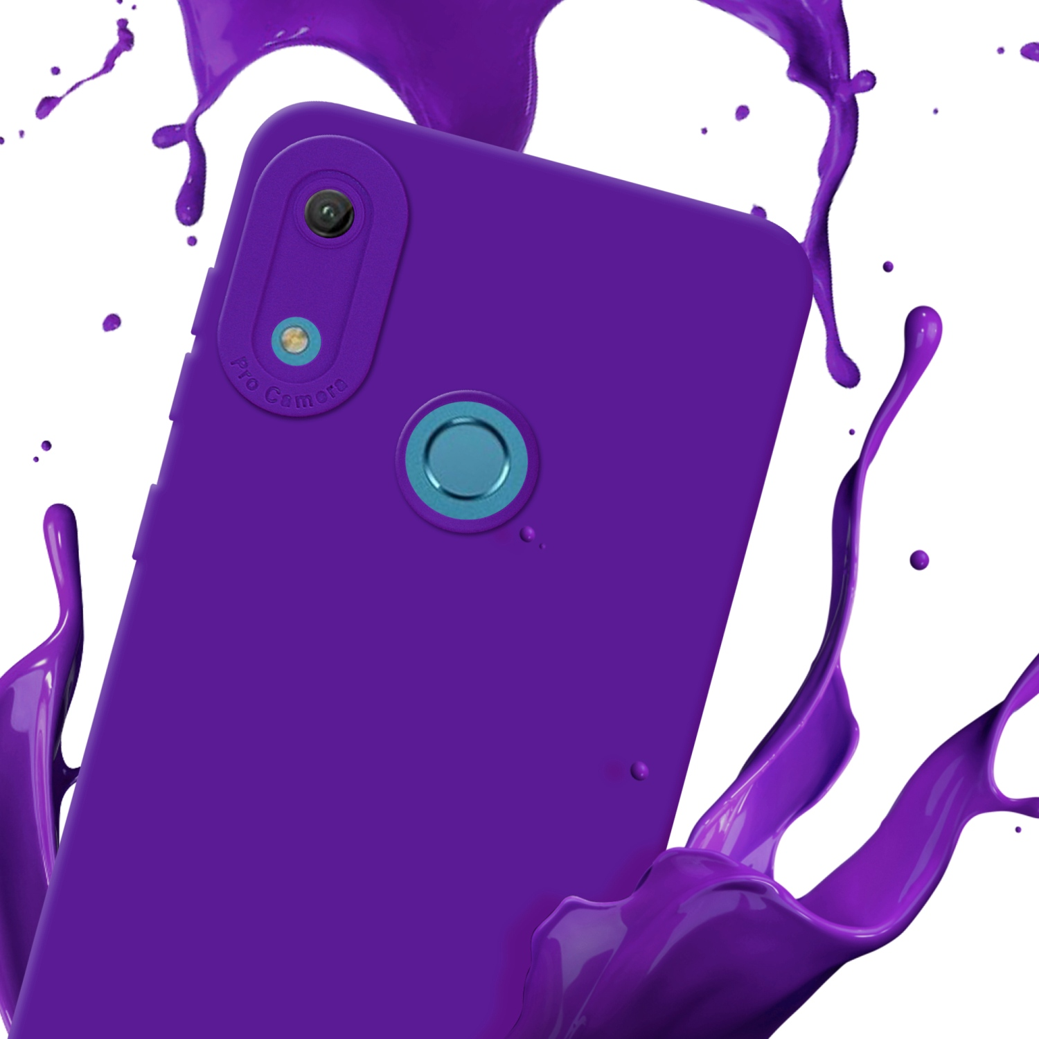 Coque de téléphone violette avec éclaboussures de peinture violette. Zone de la caméra visible.