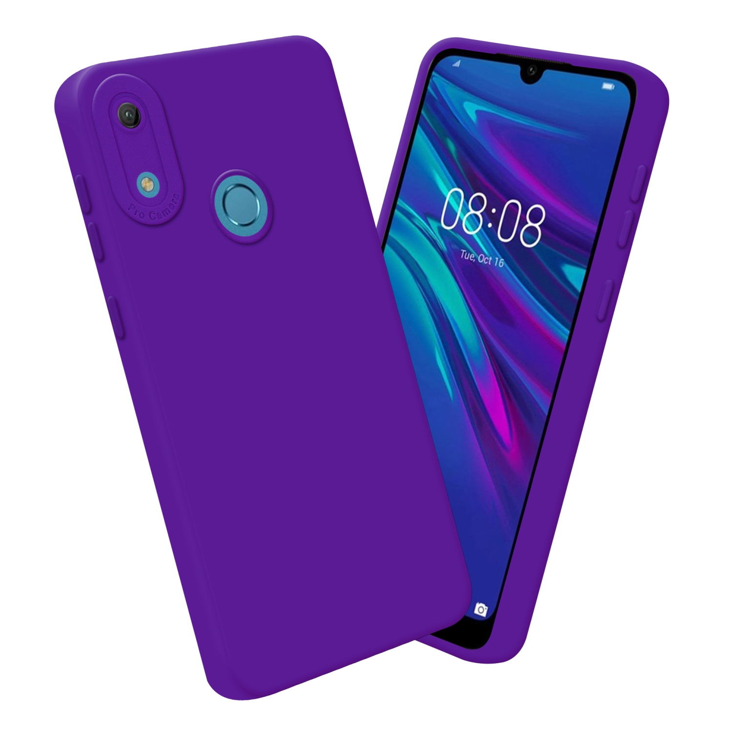 Coque de téléphone violette et un téléphone affichant l'heure. Fond blanc.