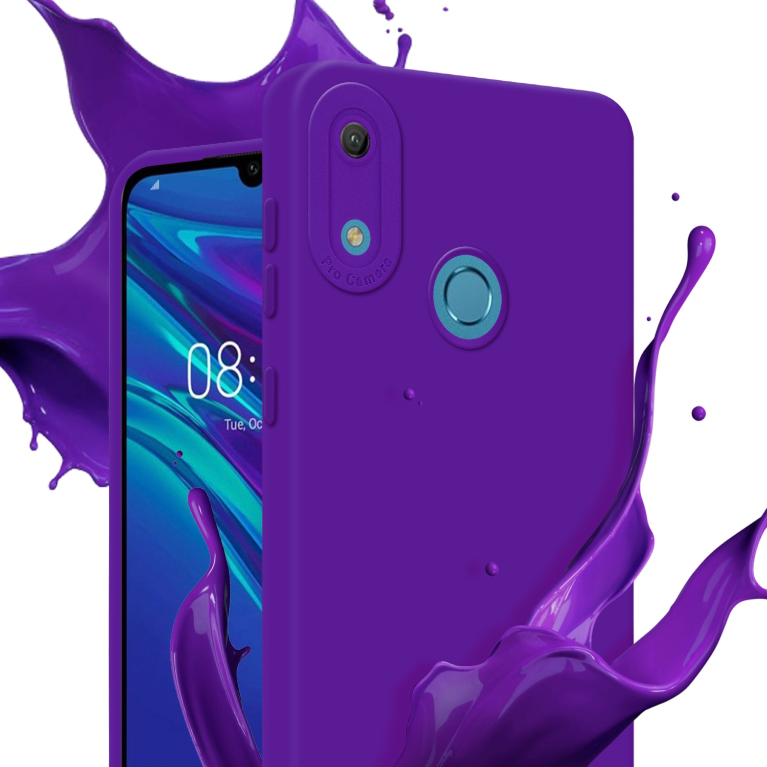 Coque de téléphone violette avec des éclaboussures de liquide violet sur fond blanc. Un téléphone est affiché.